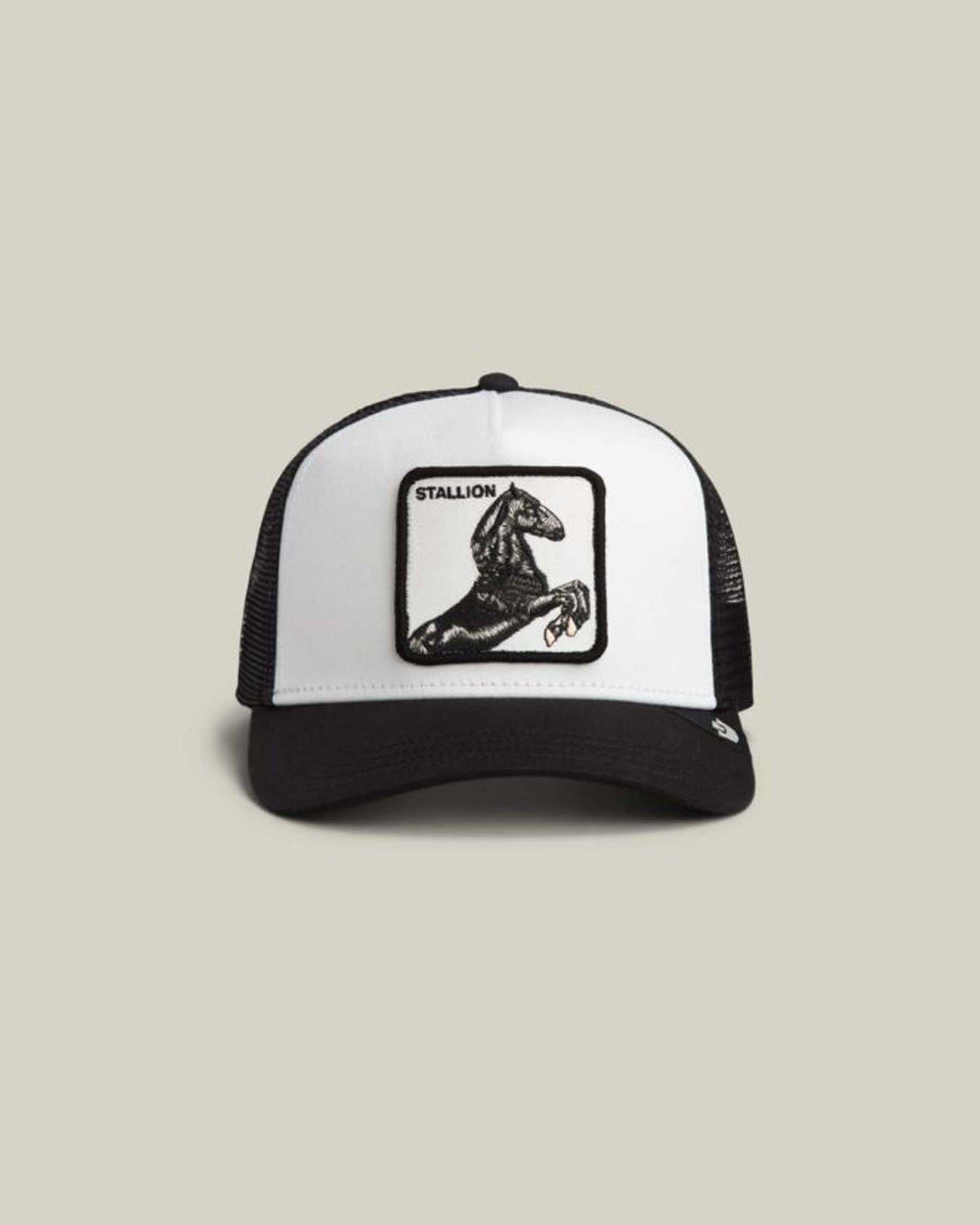 Berretto trucker Stallion bianco con patch cavallo rampante e frontino nero