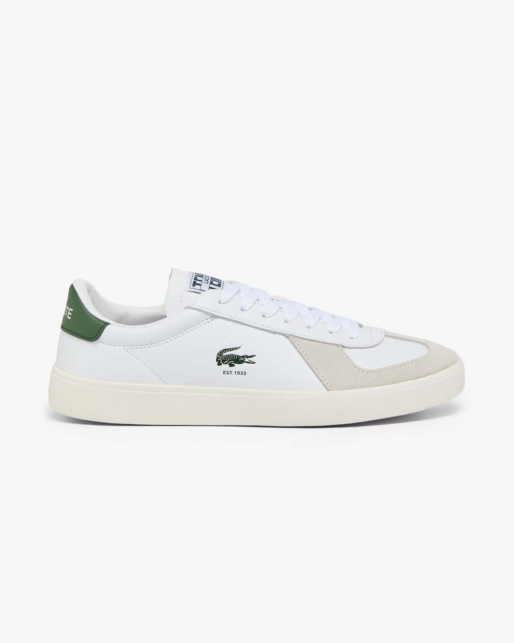Sneakers Baseshot Lacoste bianche in pelle con inserto il pelle scamosciata beige e tallone verde