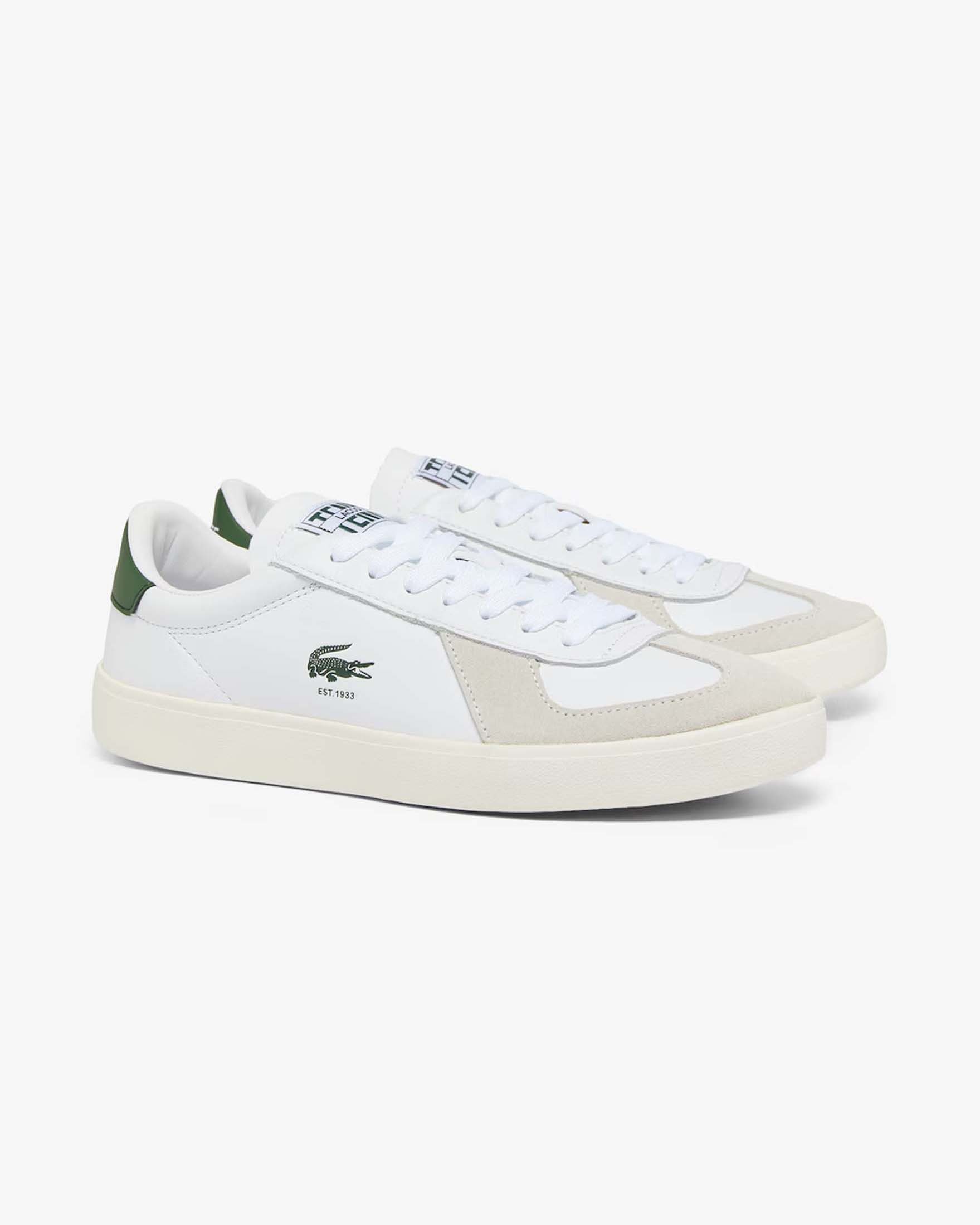Sneakers Baseshot Lacoste bianche in pelle con inserto il pelle scamosciata beige e tallone verde image