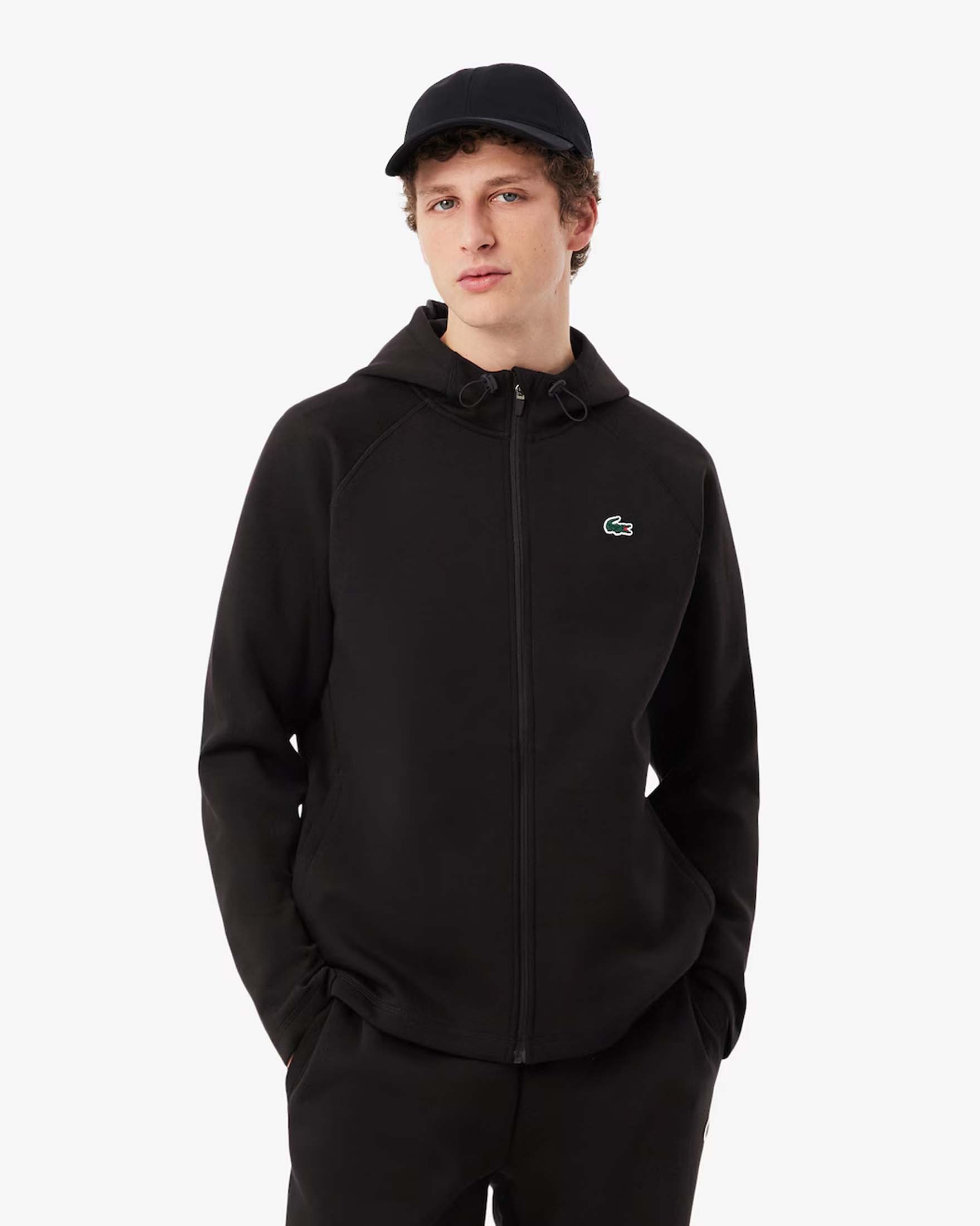Felpa Lacoste in interlock nera con cappuccio chiusura zip e logo coccodrillo ricamato sul petto