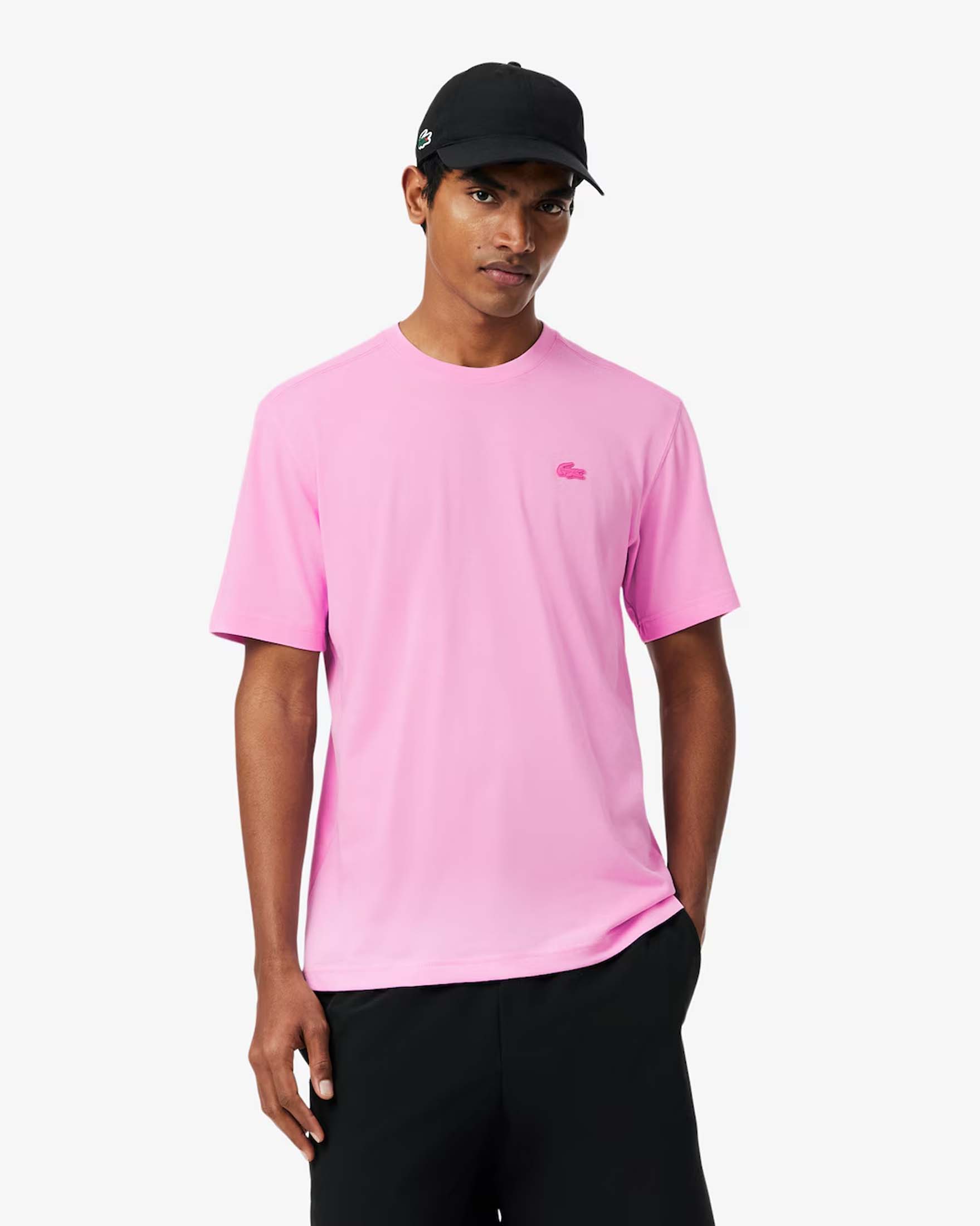 T-shirt Lacoste rosa mezza manica con logo coccodrillo ricamato in tono