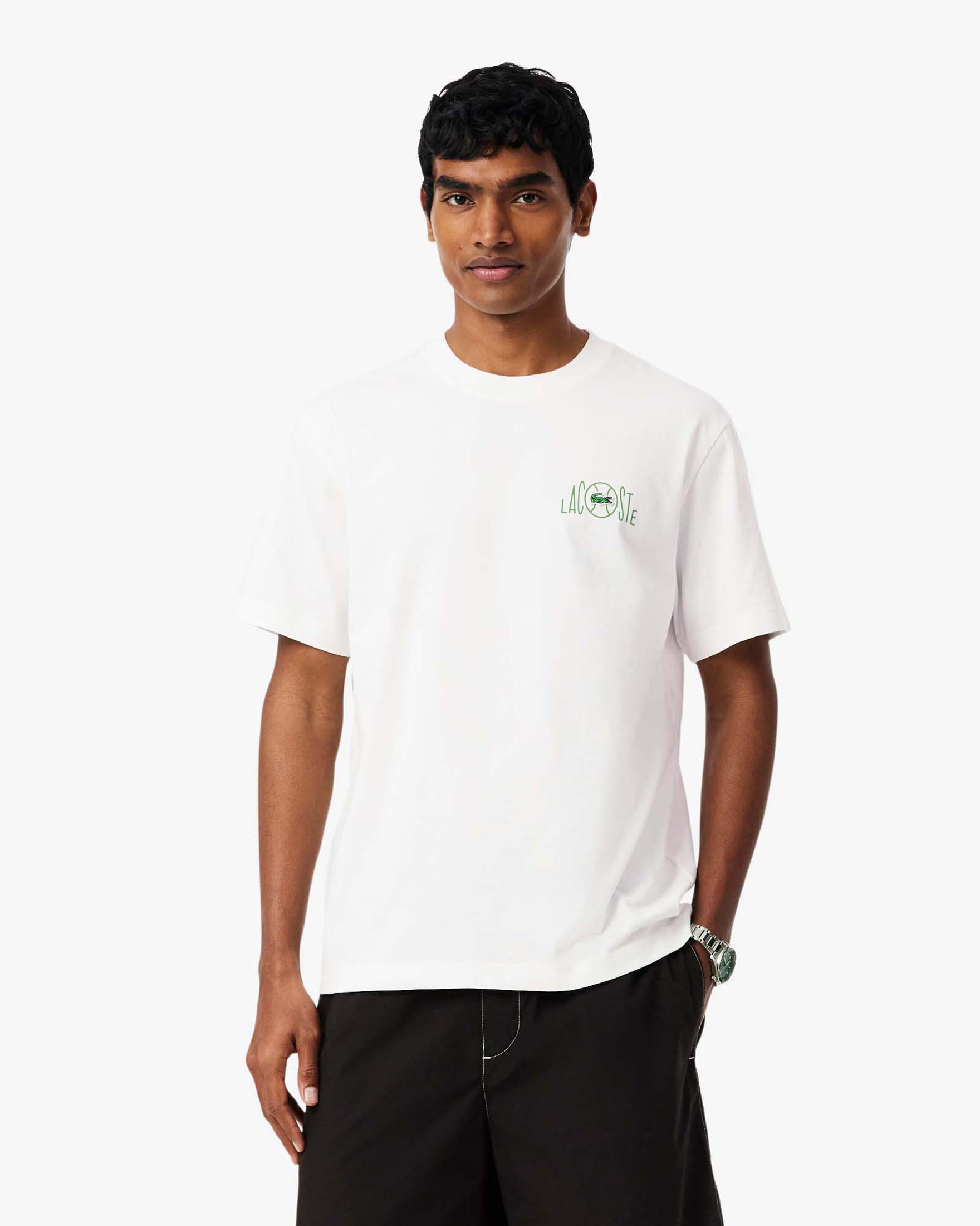 T-shirt bianca in cotone con stampa grafica tennis