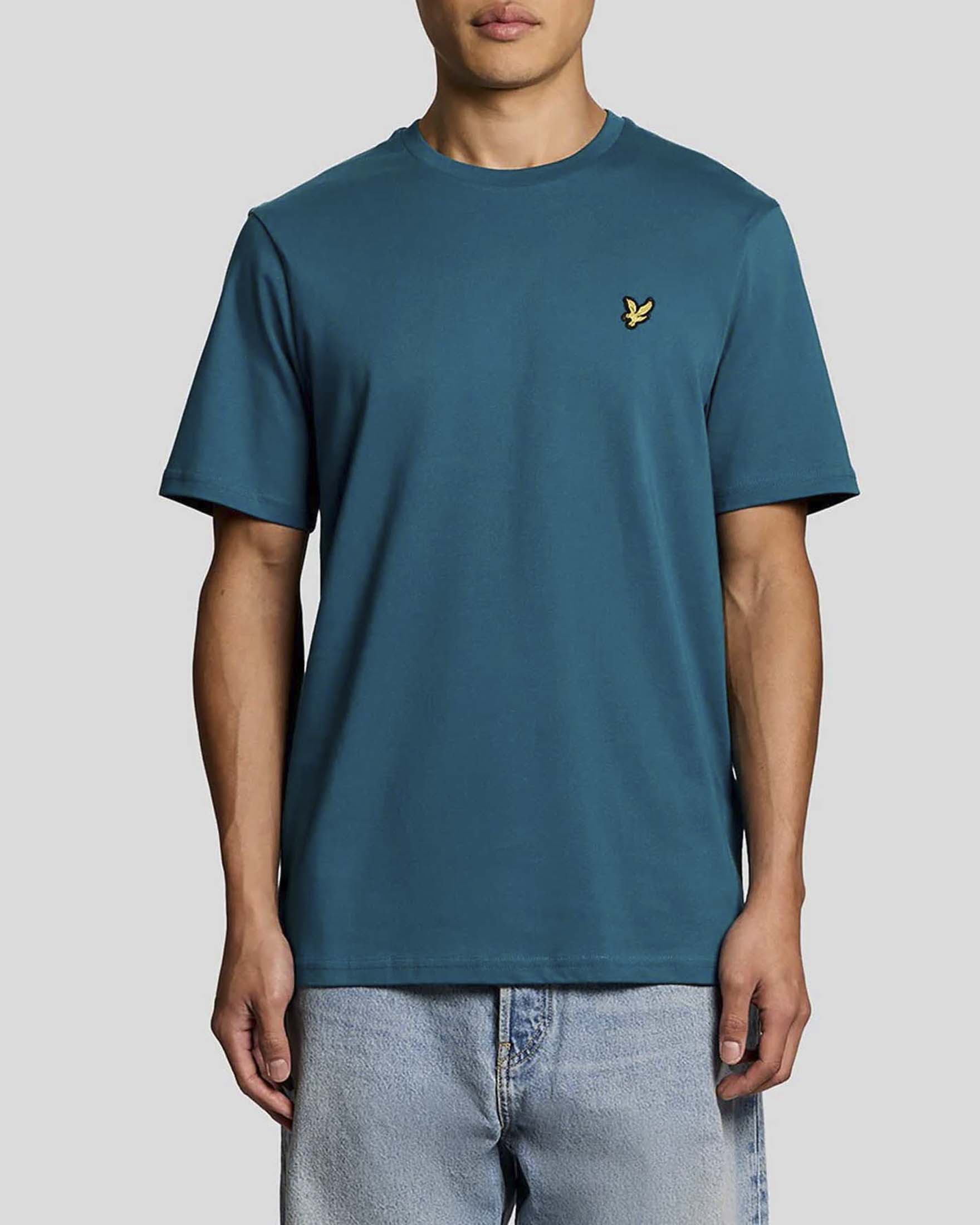 T-shirt Lyle & Scott mezza manica ottanio in cotone con logo aquila gialla ricamata sul petto