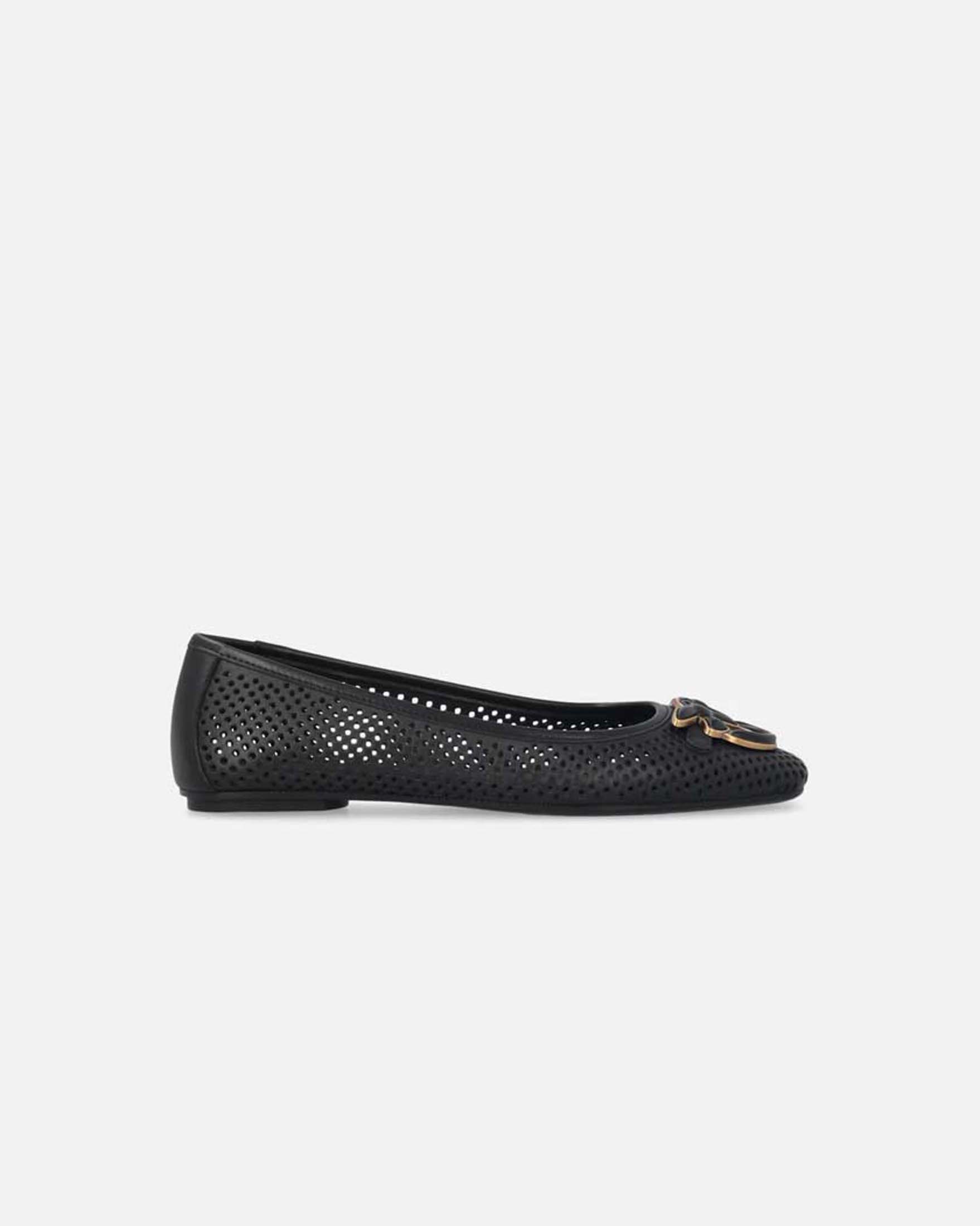 Ballerine Max Pinko in nappa nera con traforature e logo Love Birds con bordo dorato