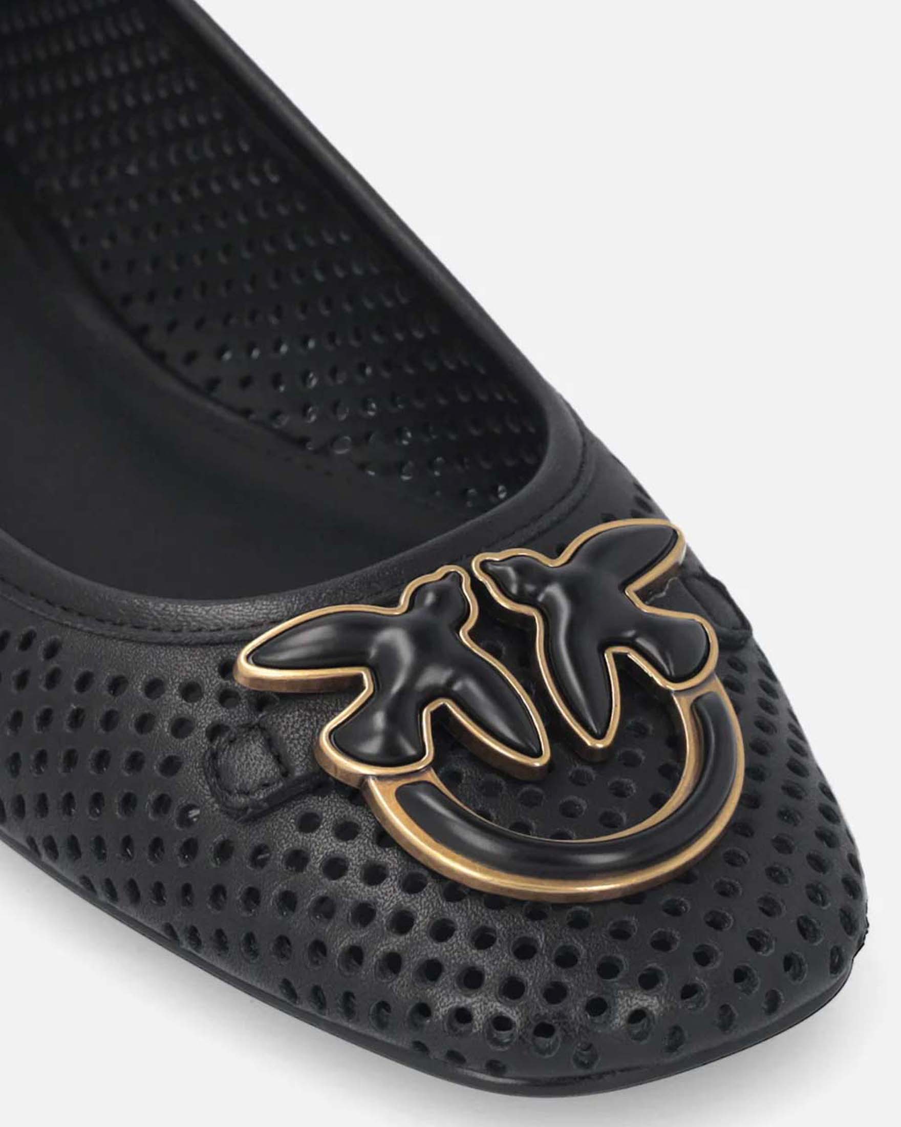 Ballerine Max Pinko in nappa nera con traforature e logo Love Birds con bordo dorato image