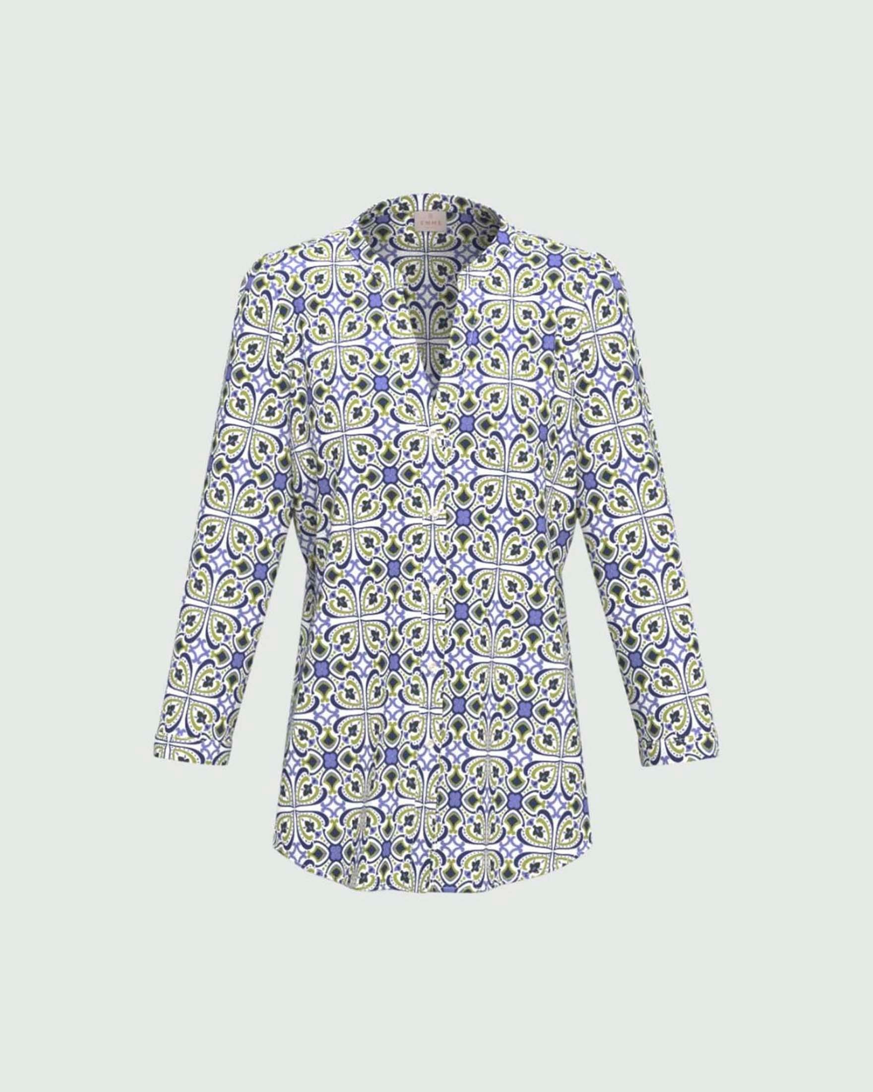Blusa Emme Marella pervinca e lime in mussola di cotone stampa floreale con maniche a tre quarti