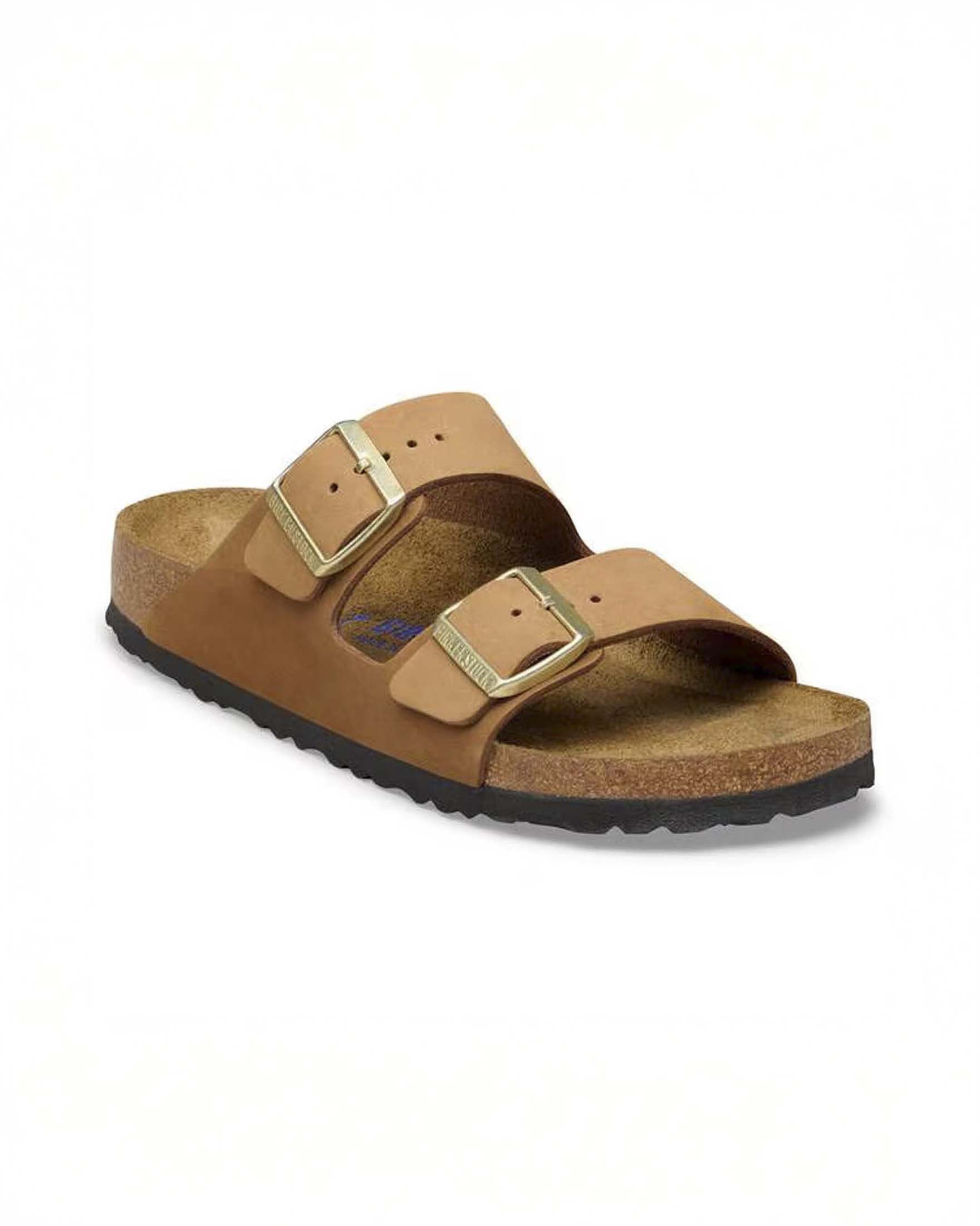 Sandali Arizona Birkenstock color cuoio in pelle nabuk oliata con doppia fibbia