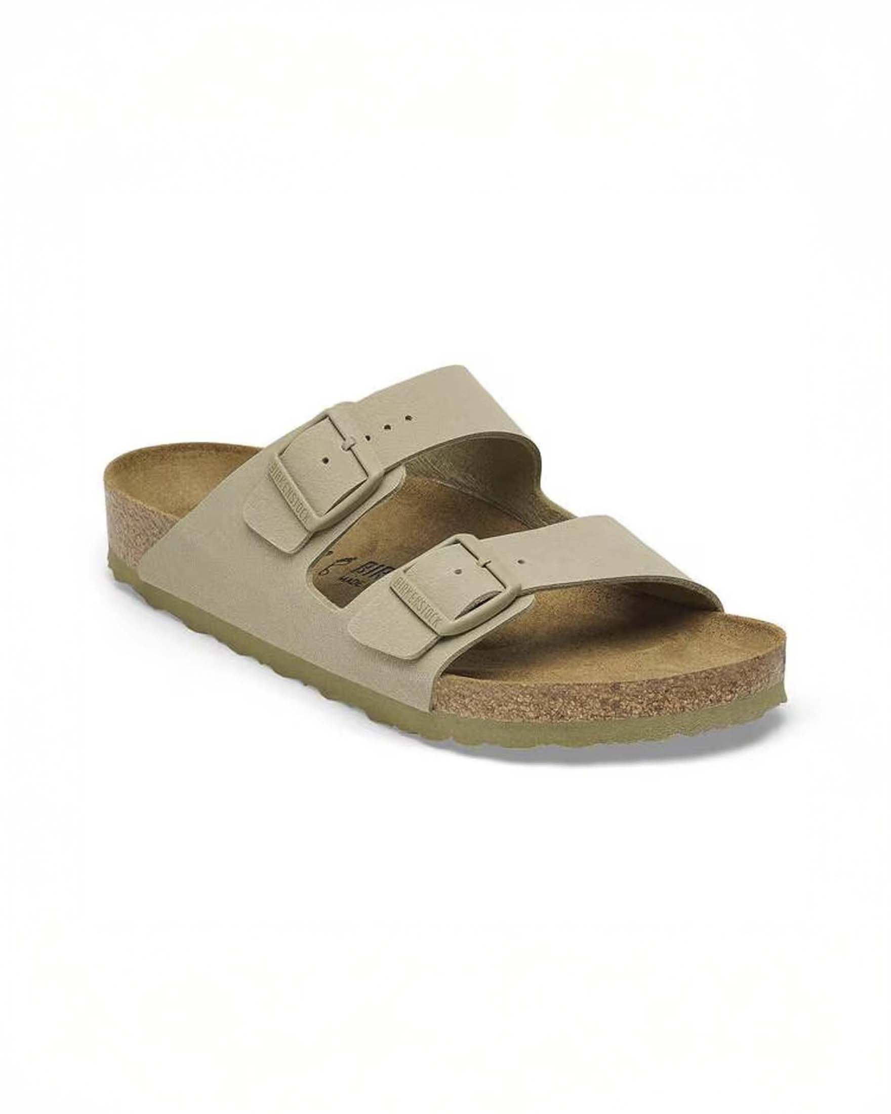 Sandalo Arizona Birkenstock in nabuk color khaki con doppia fascetta e fibbie in metallo