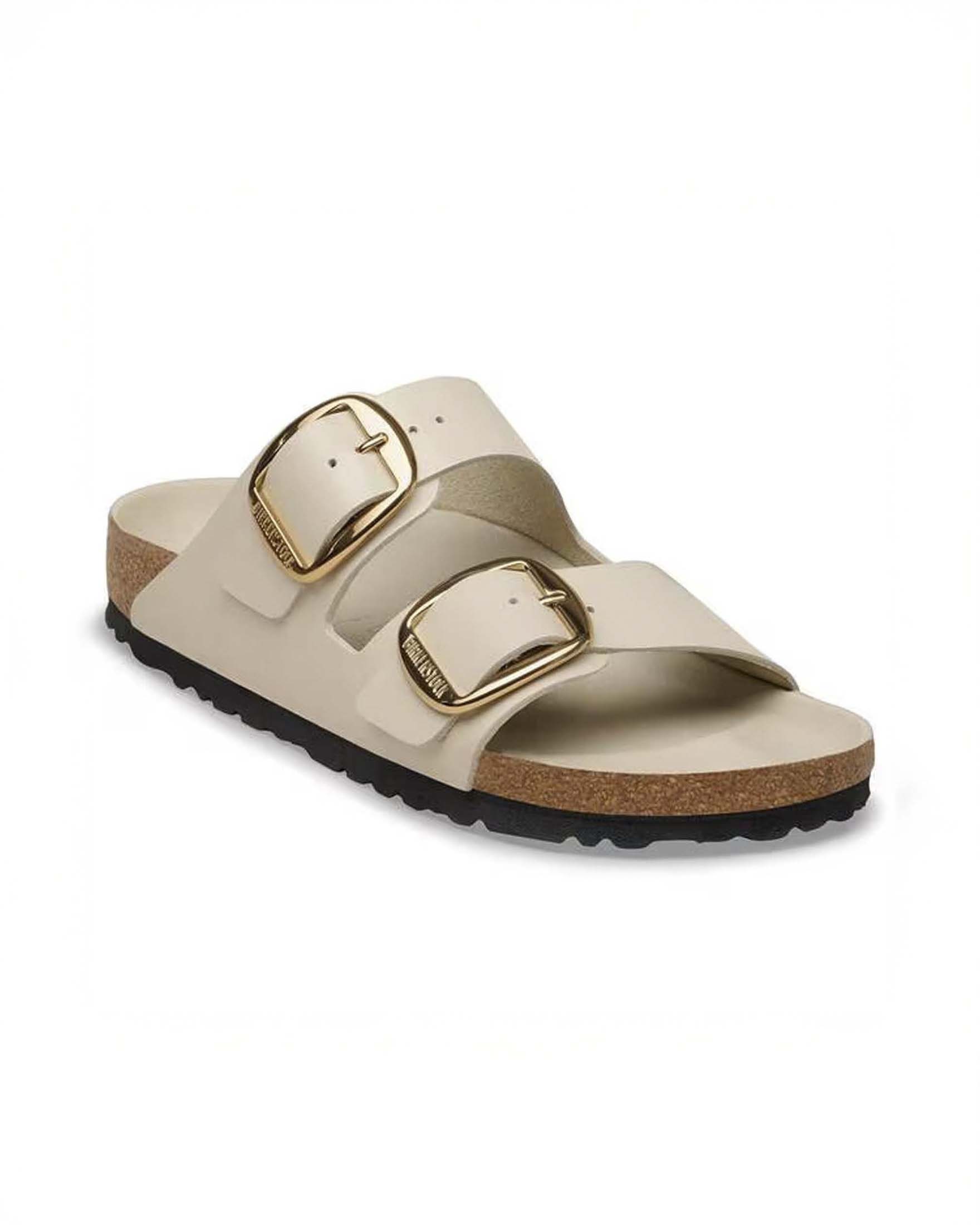 Sandali Arizona Big Buckle Birkenstock greige in pelle effetto lucido a doppia fascetta e fibbia oro