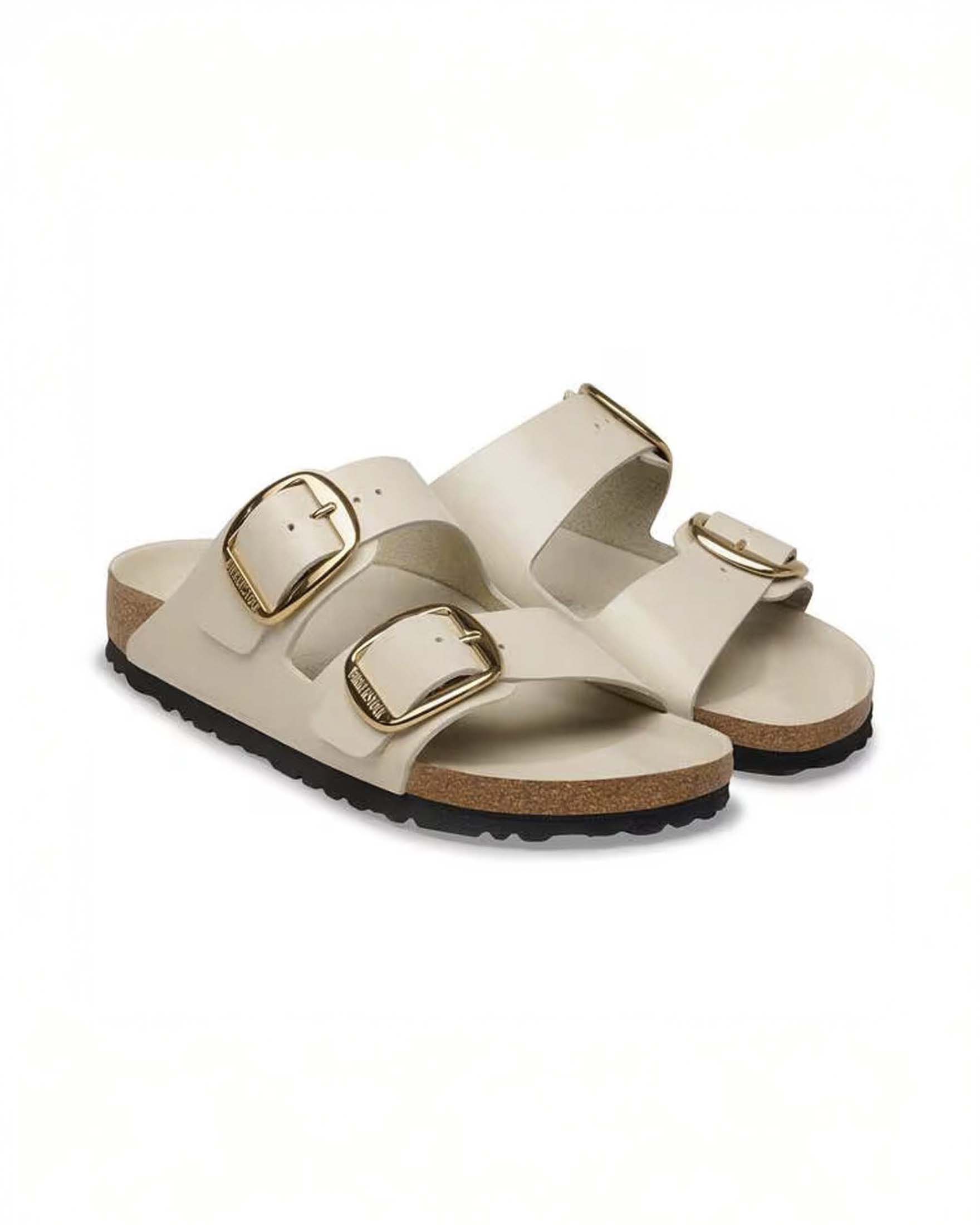 Sandali Arizona Big Buckle Birkenstock greige in pelle effetto lucido a doppia fascetta e fibbia oro image