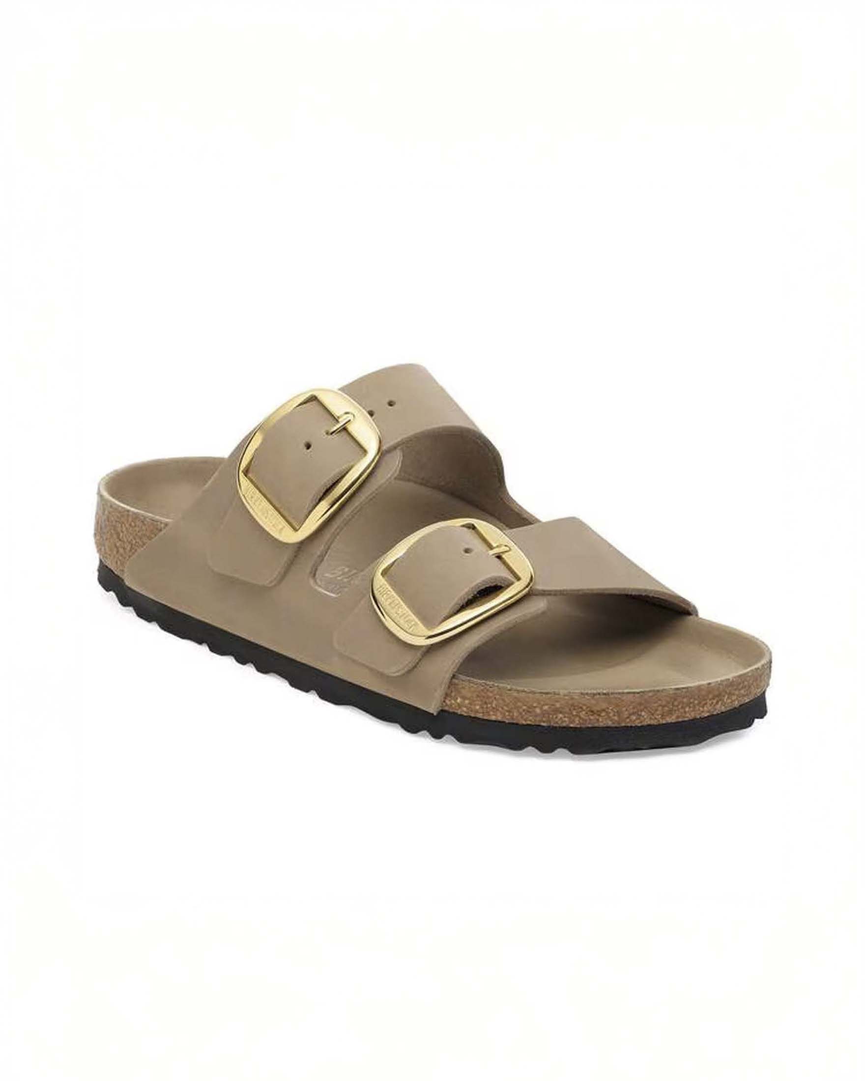 Sandalo Arizona Big Buckle Birkenstock beige in pelle oliata a doppia fascetta con fibbia oro