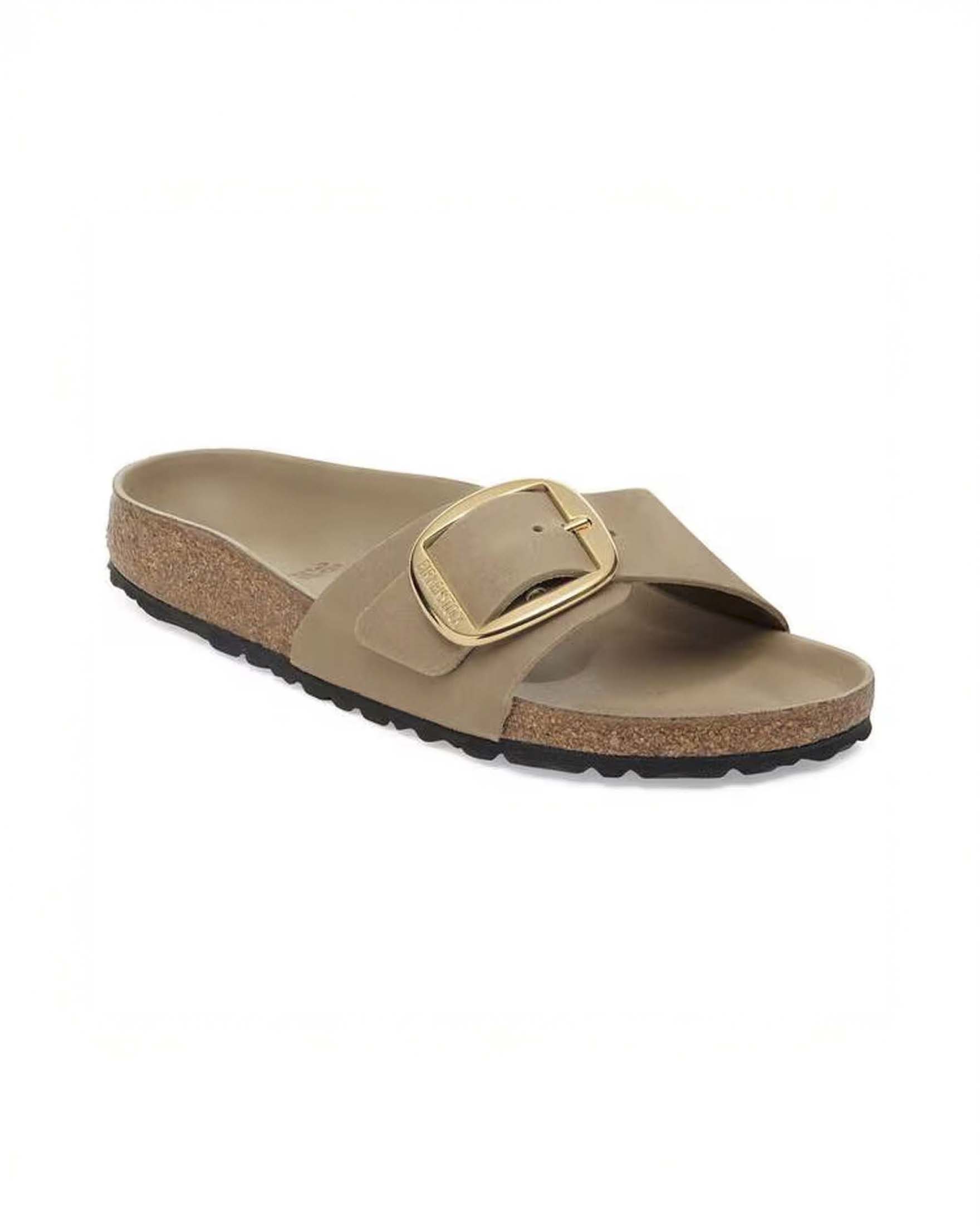 Sandalo Madrid Big Buckle beige in pelle oliata a singola fascia e fibbia oro