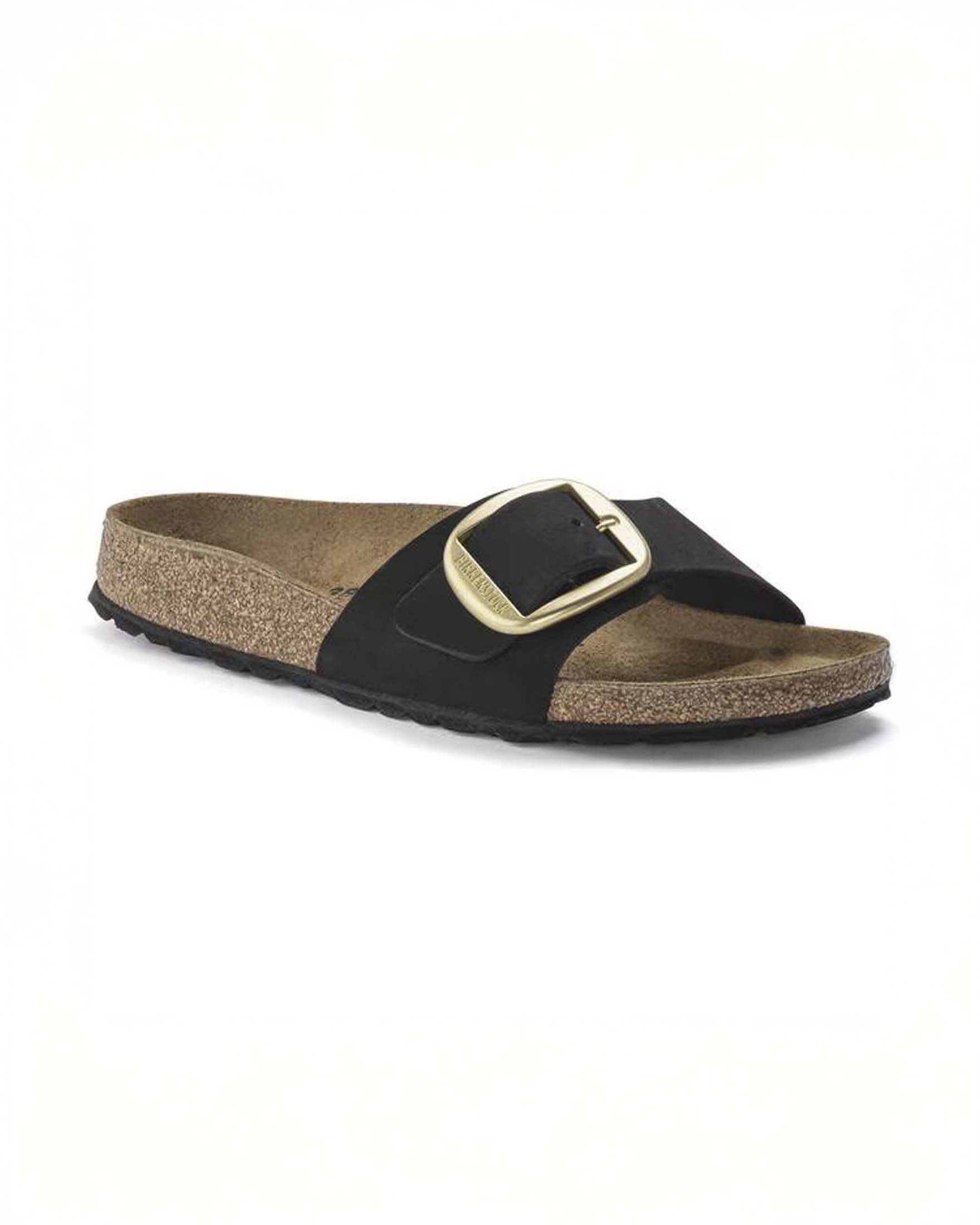 Sandalo Madrid Big Buckle Birkenstock nero in nabuk a singola fascia e fibbia in metallo oro