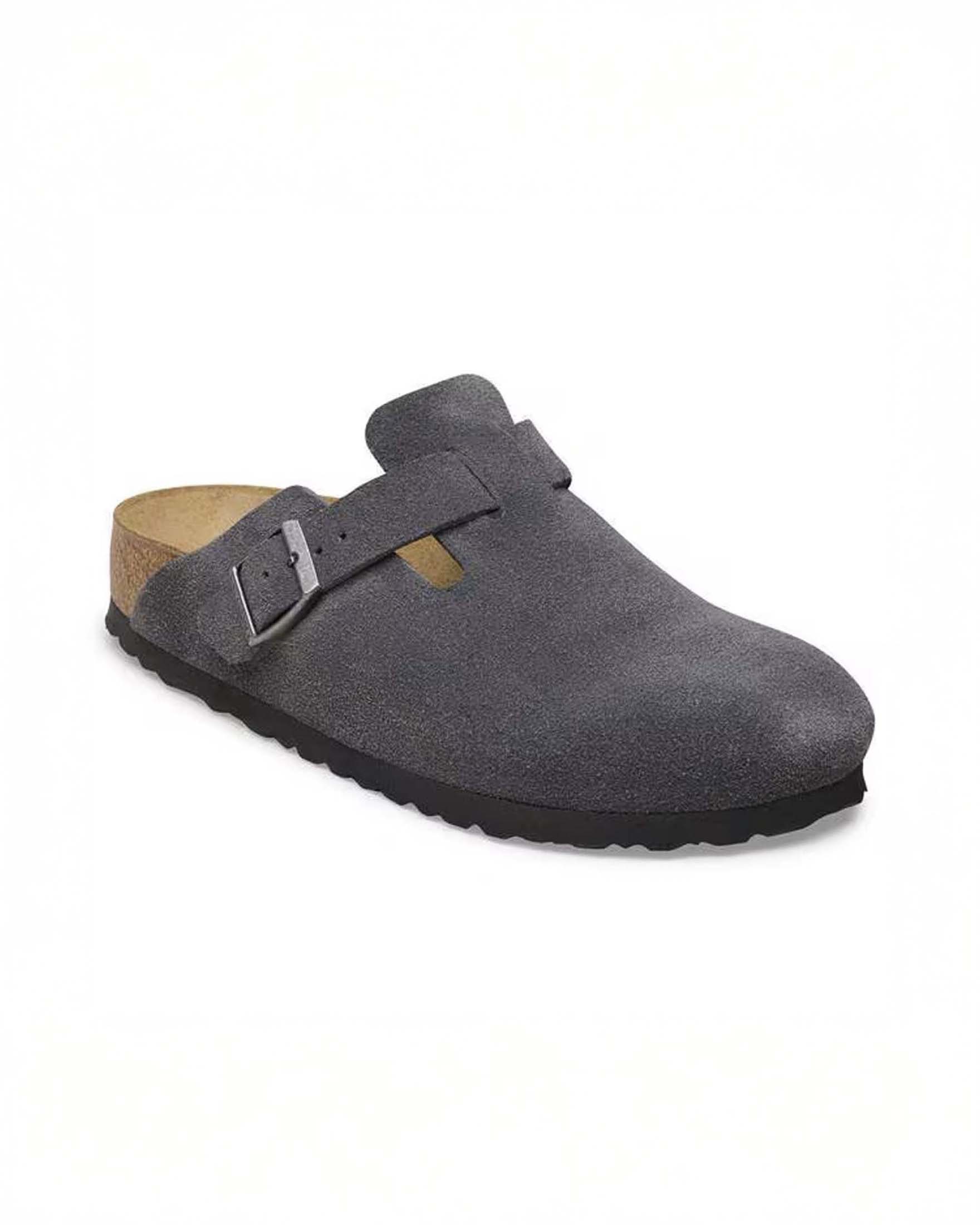 Sandalo Boston grigio Birkenstock in pelle scamosciata e plantare Soft Footbed