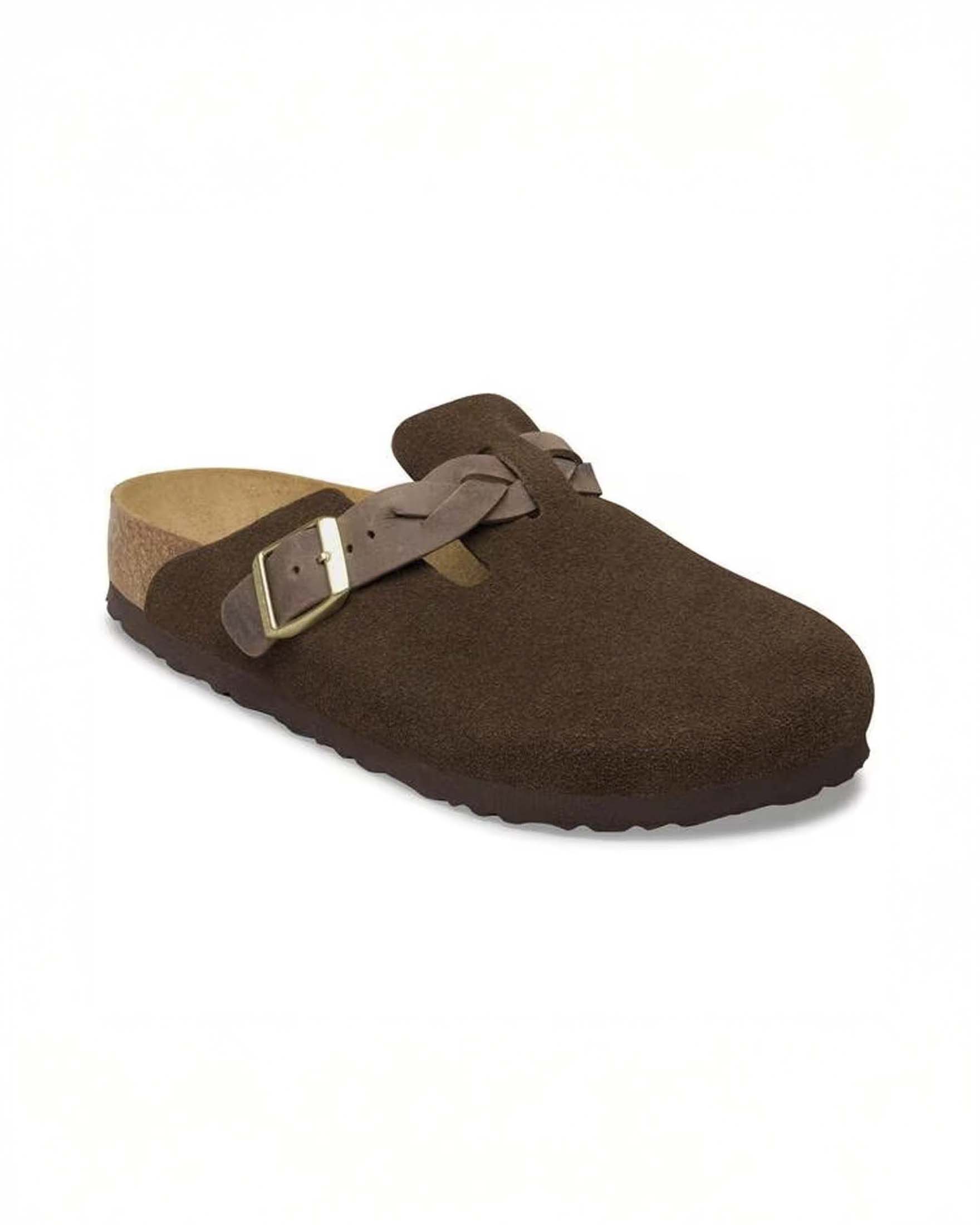 Sabot Boston in suede color moro con fascetta laterale intrecciata e fibbia in metallo