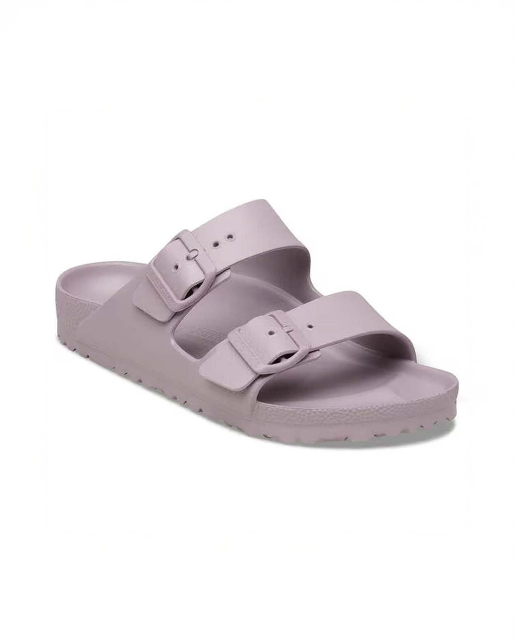 Sandalo Arizona Birkenstock lilla con doppia fascetta e fibbie tono su tono