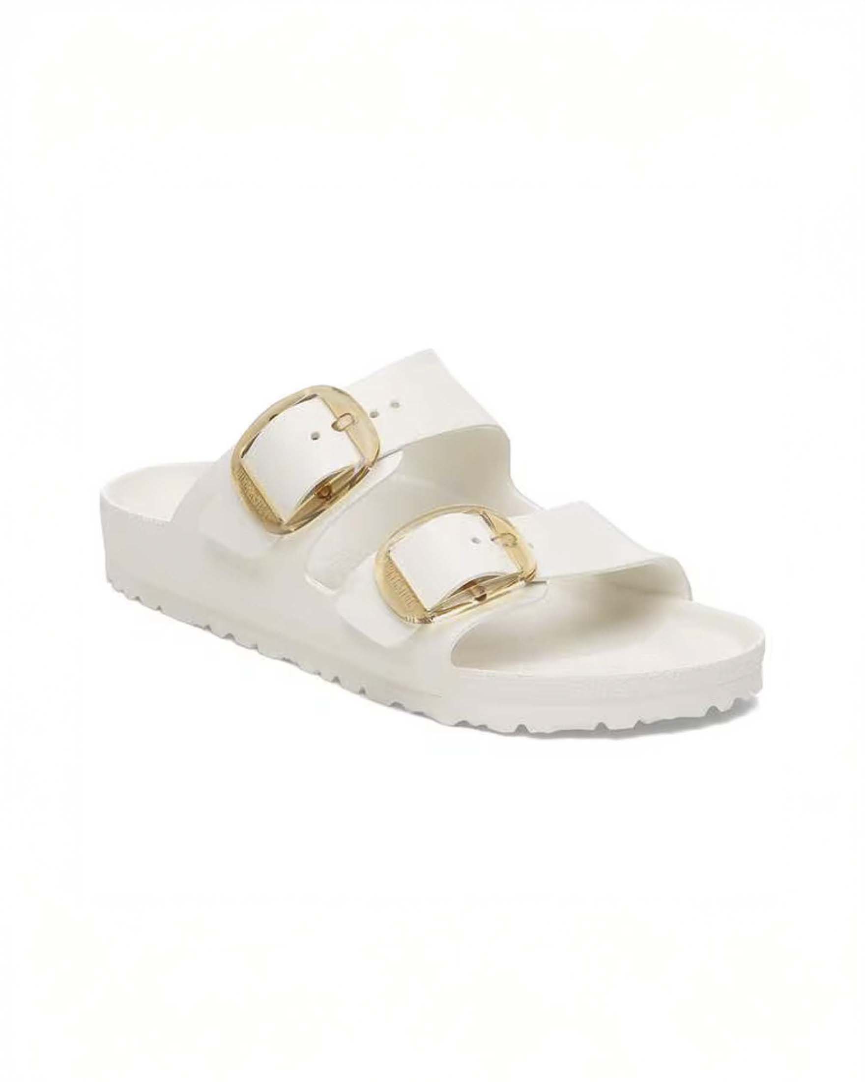 Sandalo Arizona Birkenstock color ecru con doppia fascetta e fibbie a contrasto