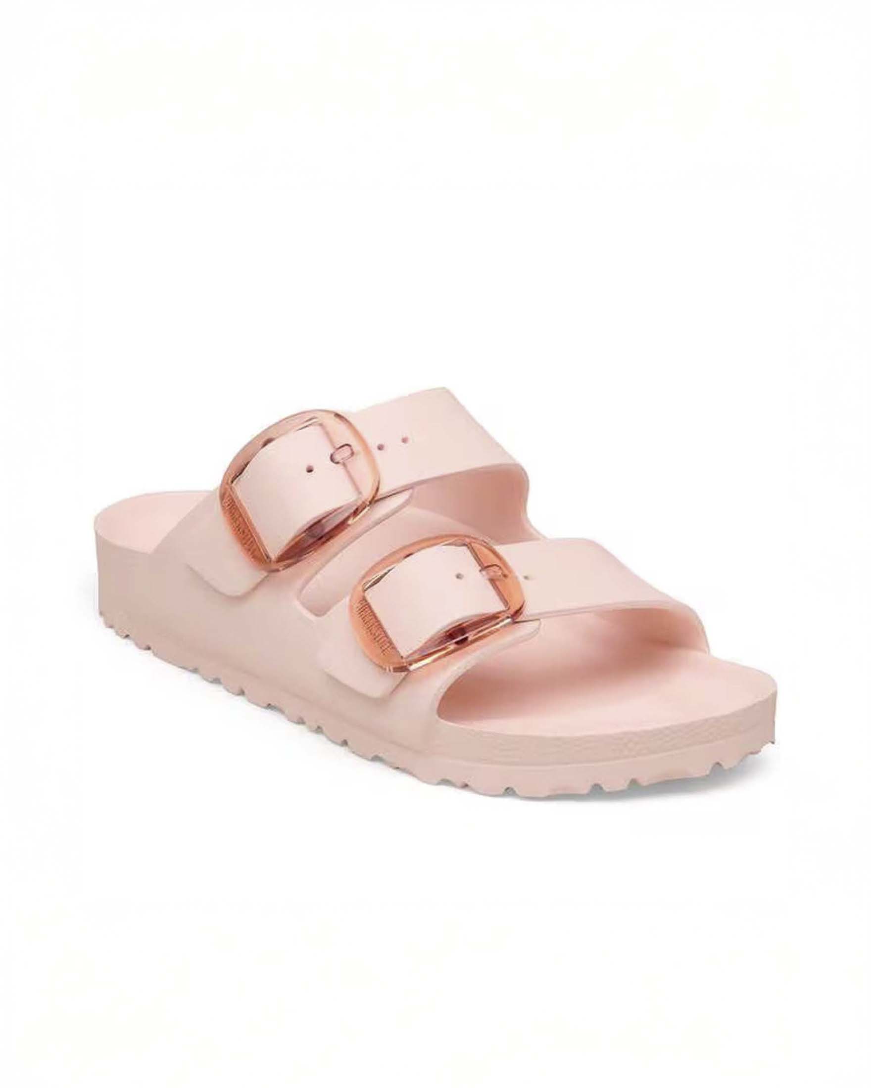 Sandalo Arizona Birkenstock rosa con doppia fascetta e fibbie a contrasto