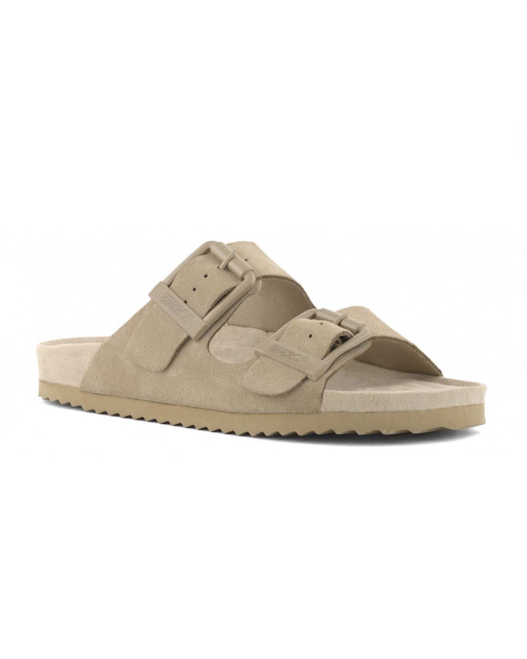Sandali Colors of California in suede color khaki a doppia fascia con fibbie tono su tono