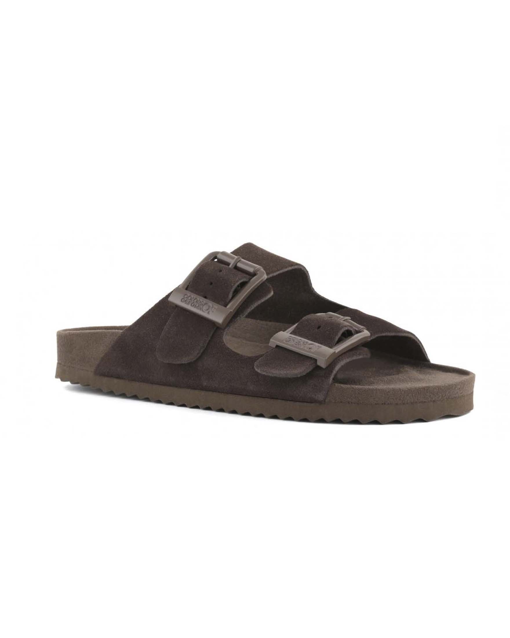 Sandali in suede color moro a doppia fascia con fibbie tono su tono