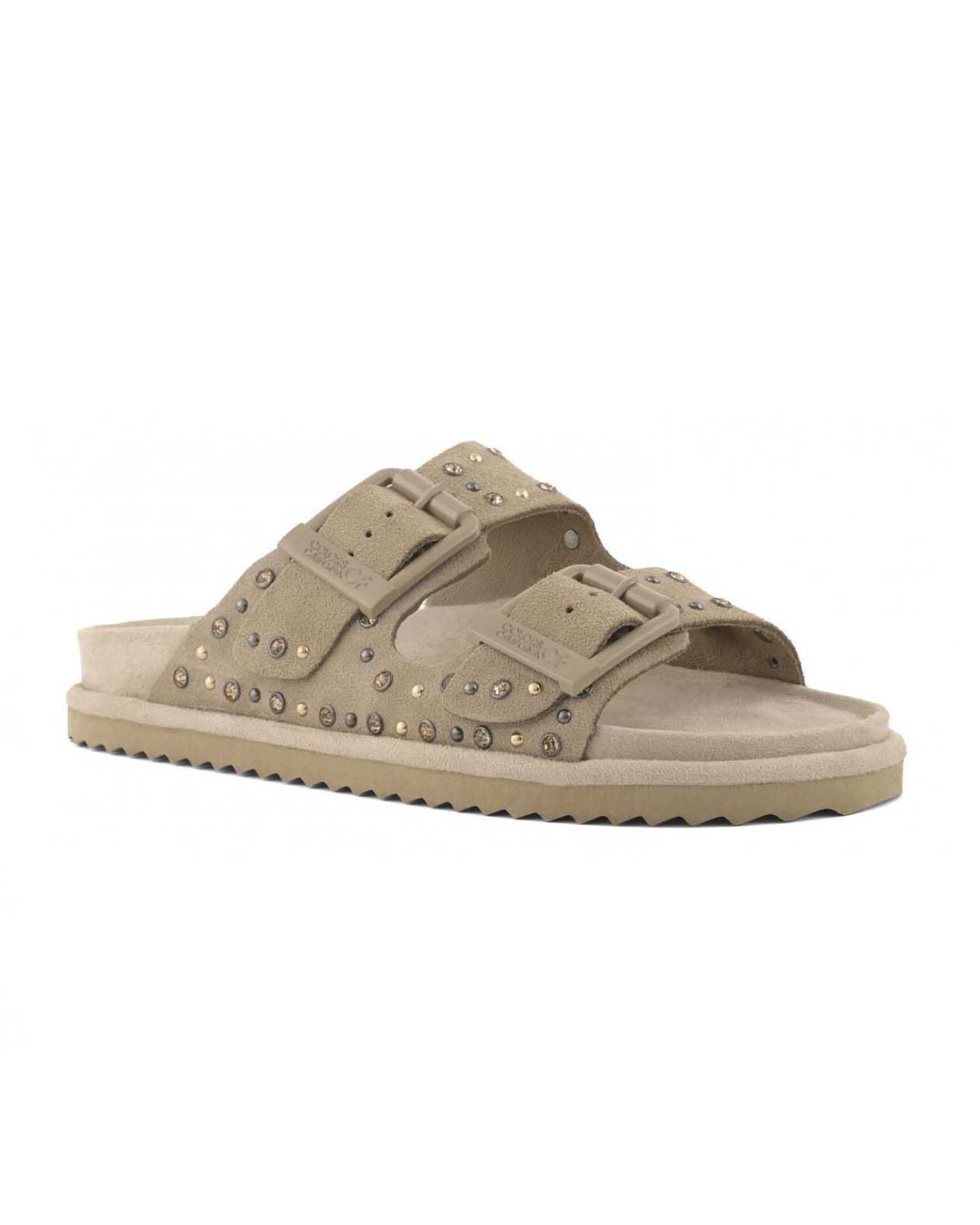 Sandali Colors of California in suede color khaki a doppia fascia con fibbie e borchie colorate