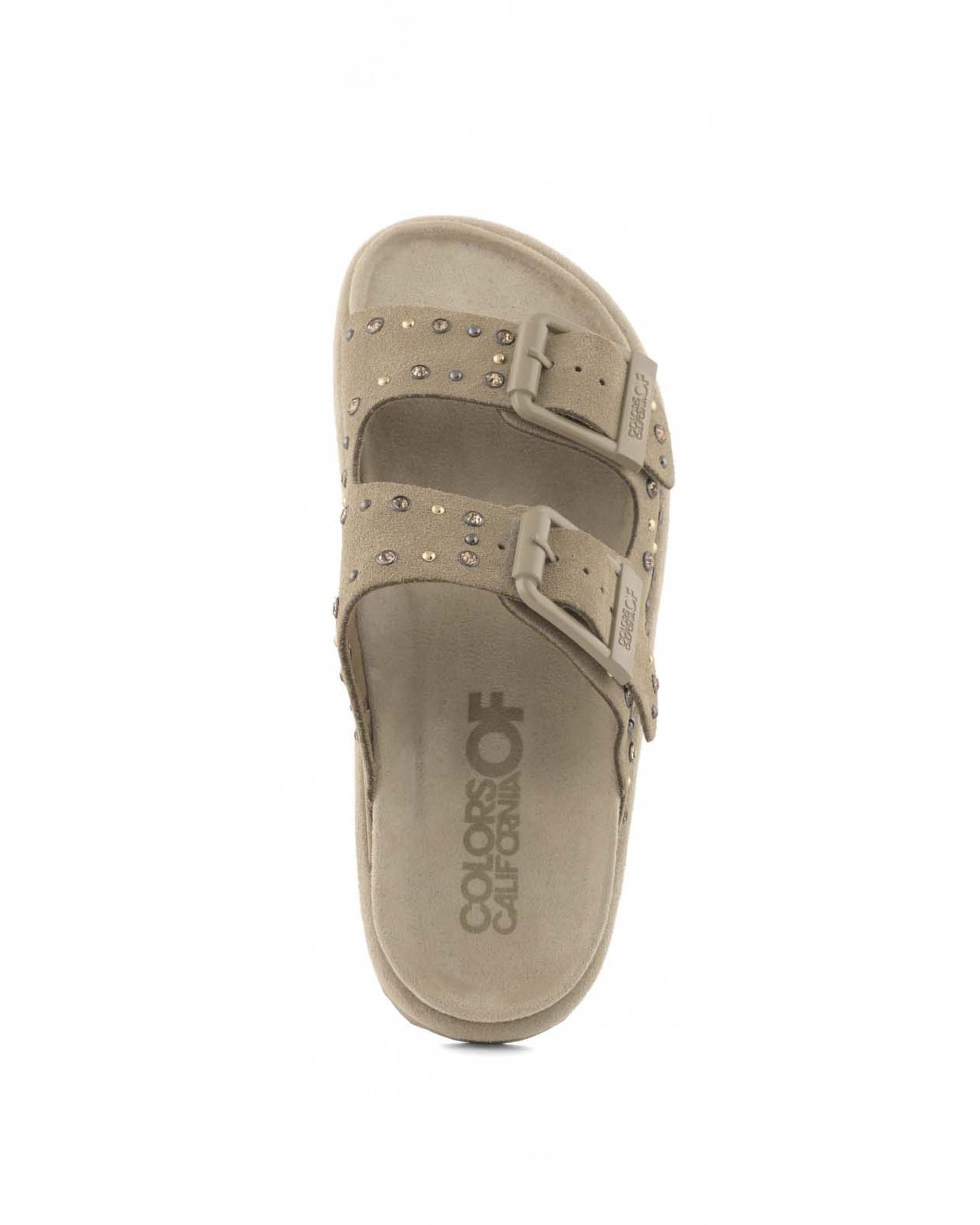 Sandali Colors of California in suede color khaki a doppia fascia con fibbie e borchie colorate image