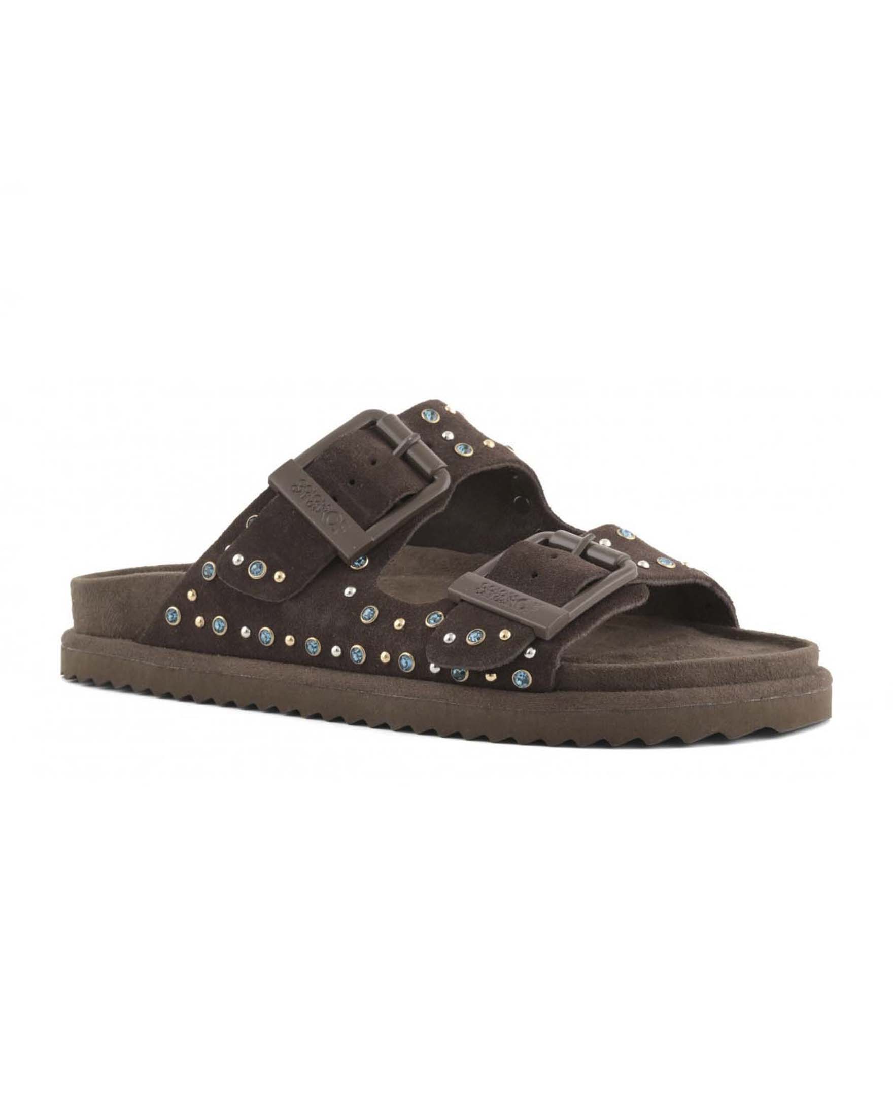 Sandali Colors of California in suede color moro a doppia fascia con fibbie e borchie colorate