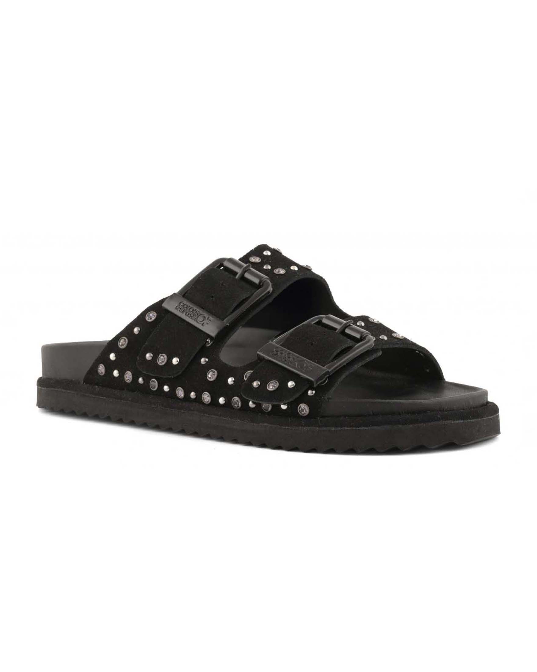 Sandali Colors of California in suede nero a doppia fascia con fibbie e borchie colorate