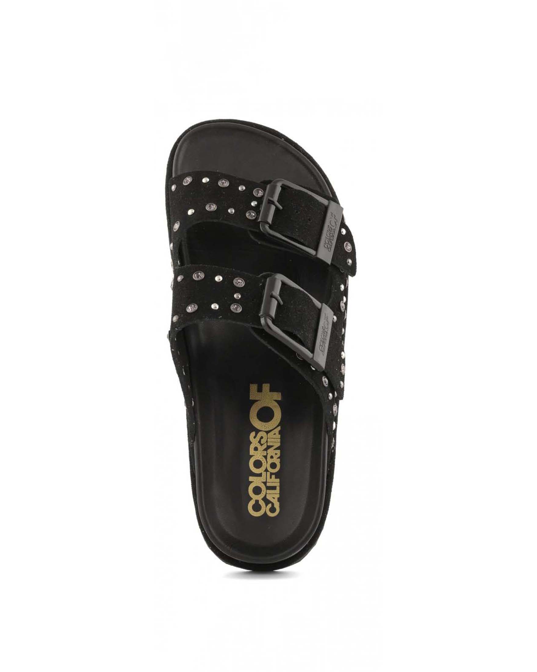 Sandali Colors of California in suede nero a doppia fascia con fibbie e borchie colorate image