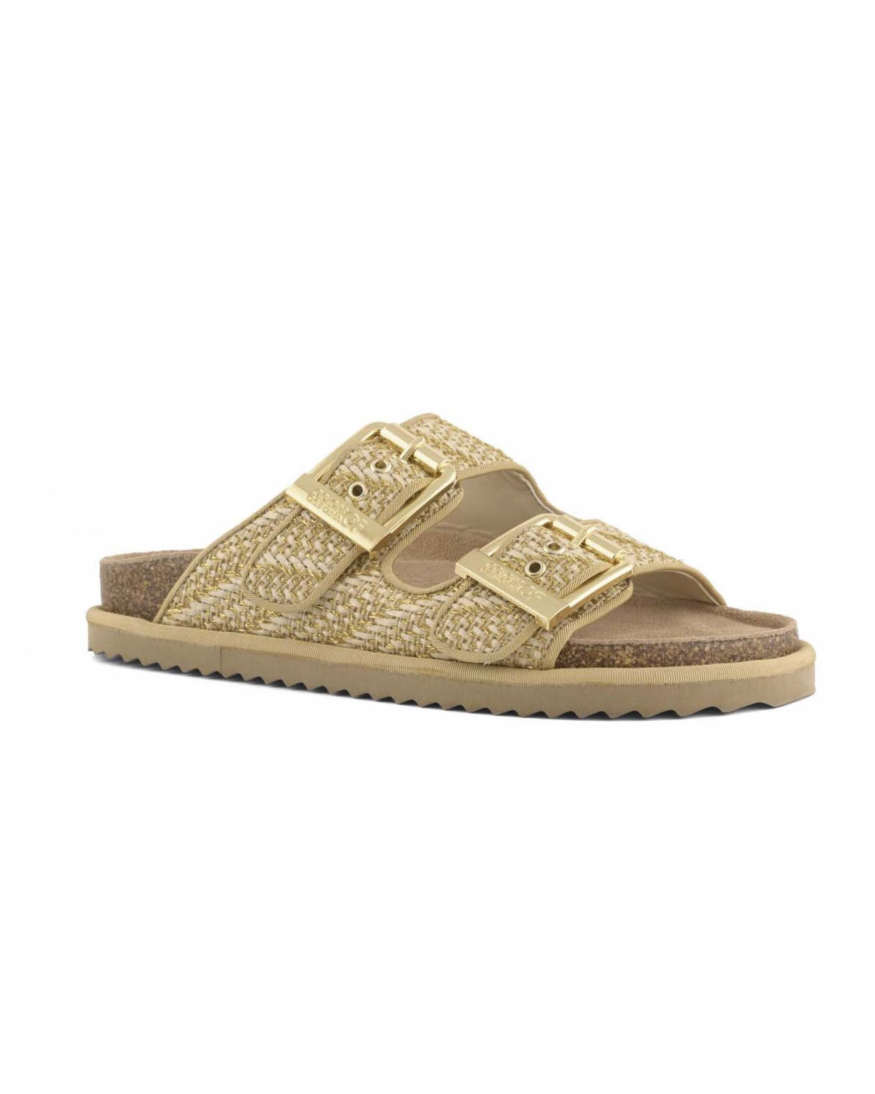 Sandali Colors of California in rafia beige e oro metallizzata a doppia fascia con fibbie dorate