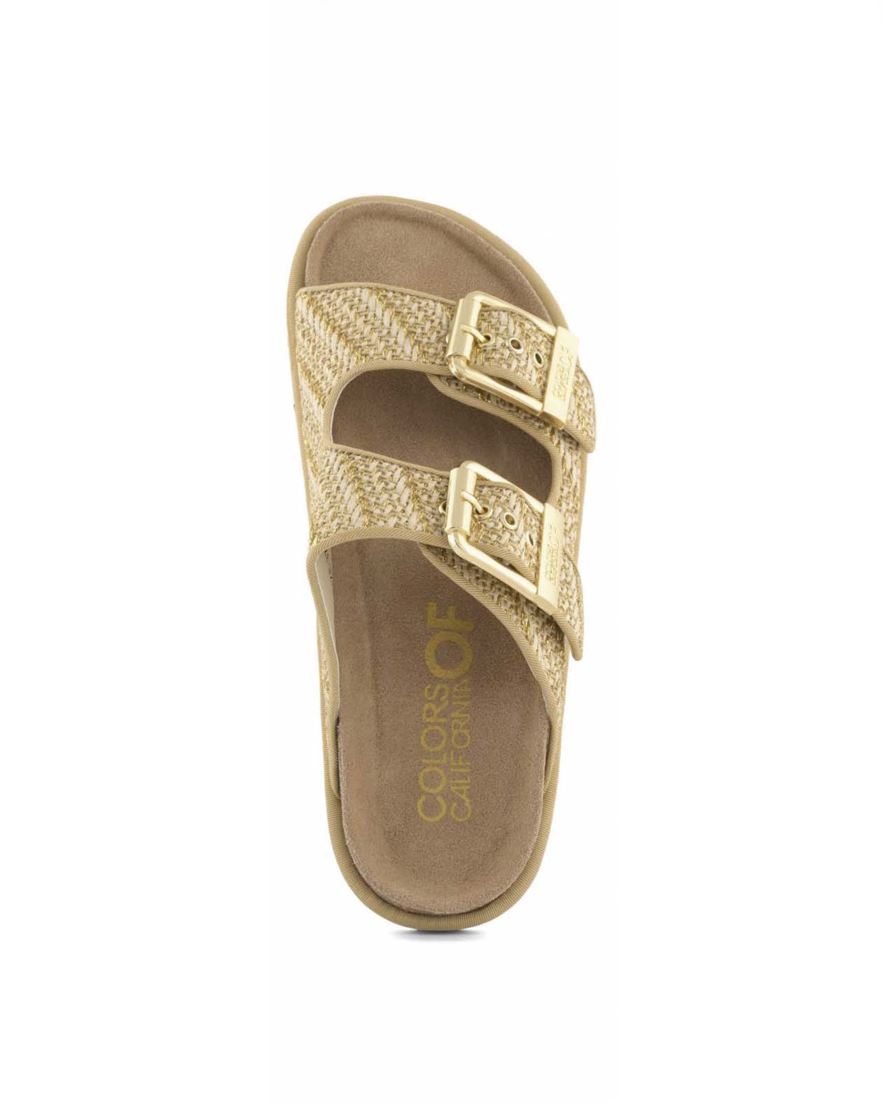 Sandali Colors of California in rafia beige e oro metallizzata a doppia fascia con fibbie dorate image