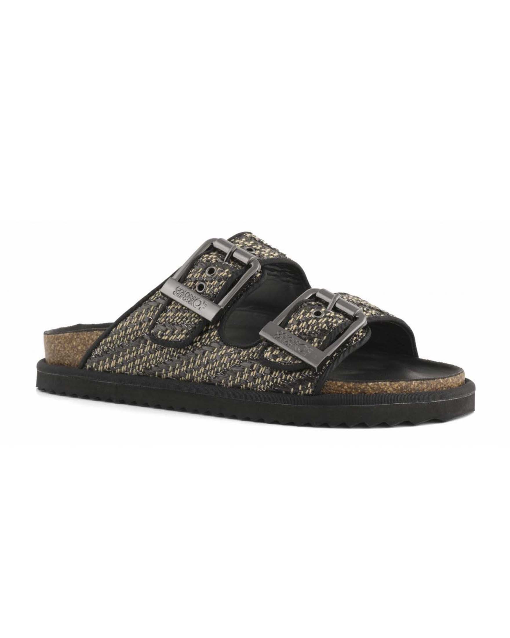 Sandali Colors of California in rafia nera e beige metallizzata a doppia fascia con fibbie dorate