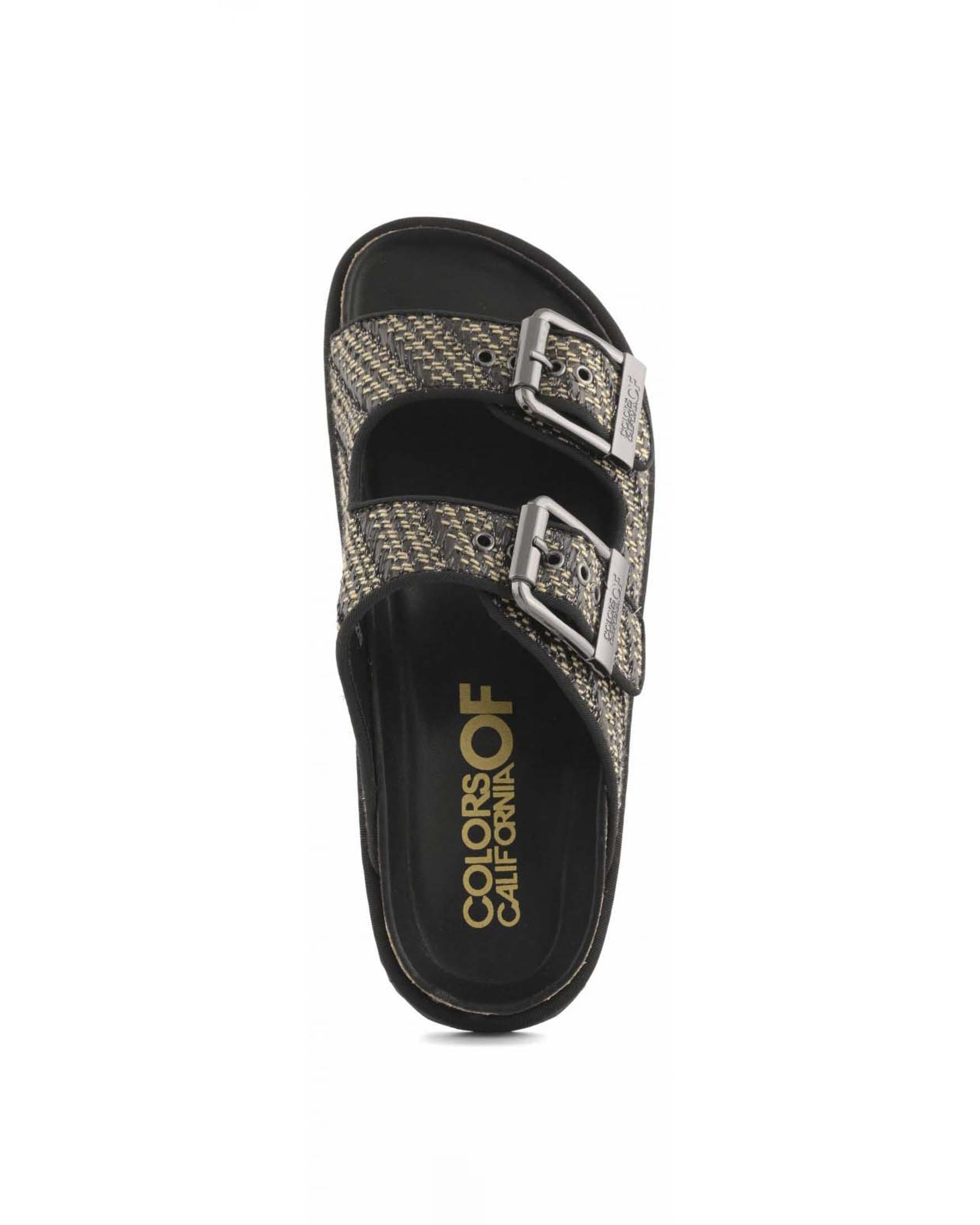 Sandali Colors of California in rafia nera e beige metallizzata a doppia fascia con fibbie dorate image