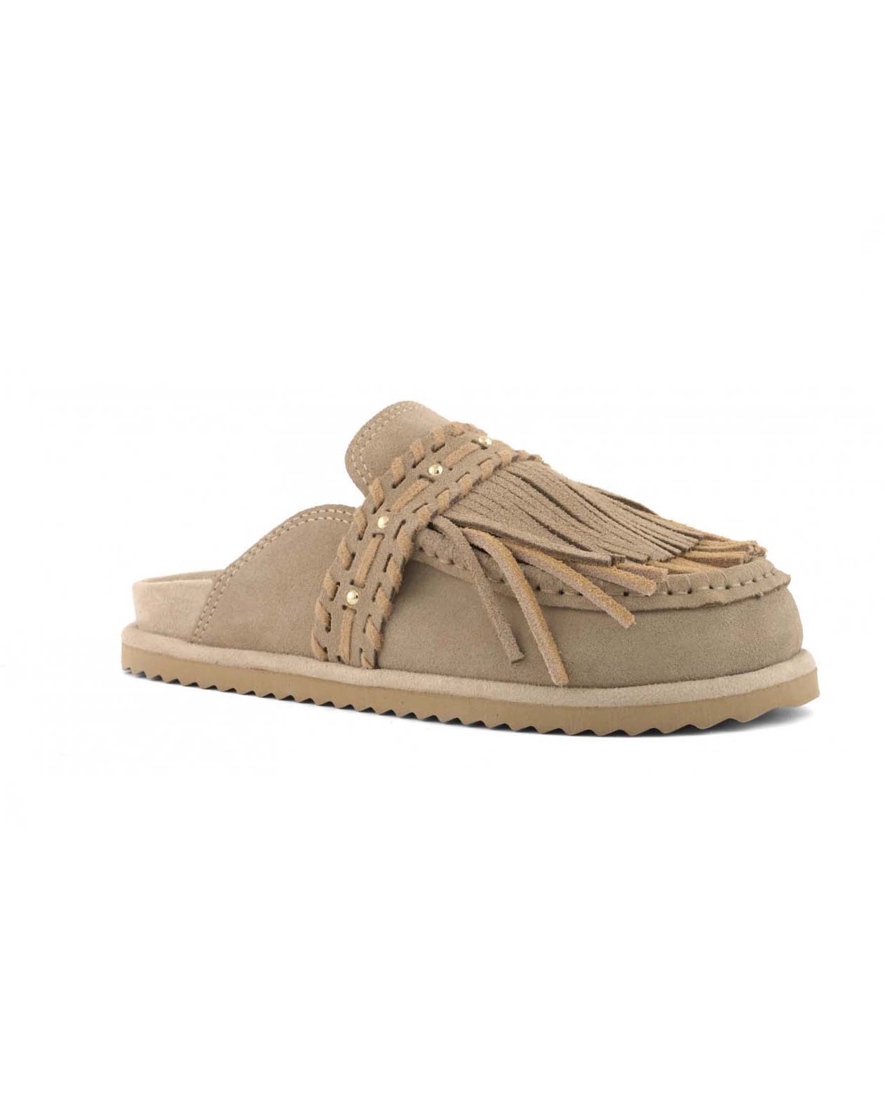 Sabot Colors of California in suede color khaki con frange e borchie