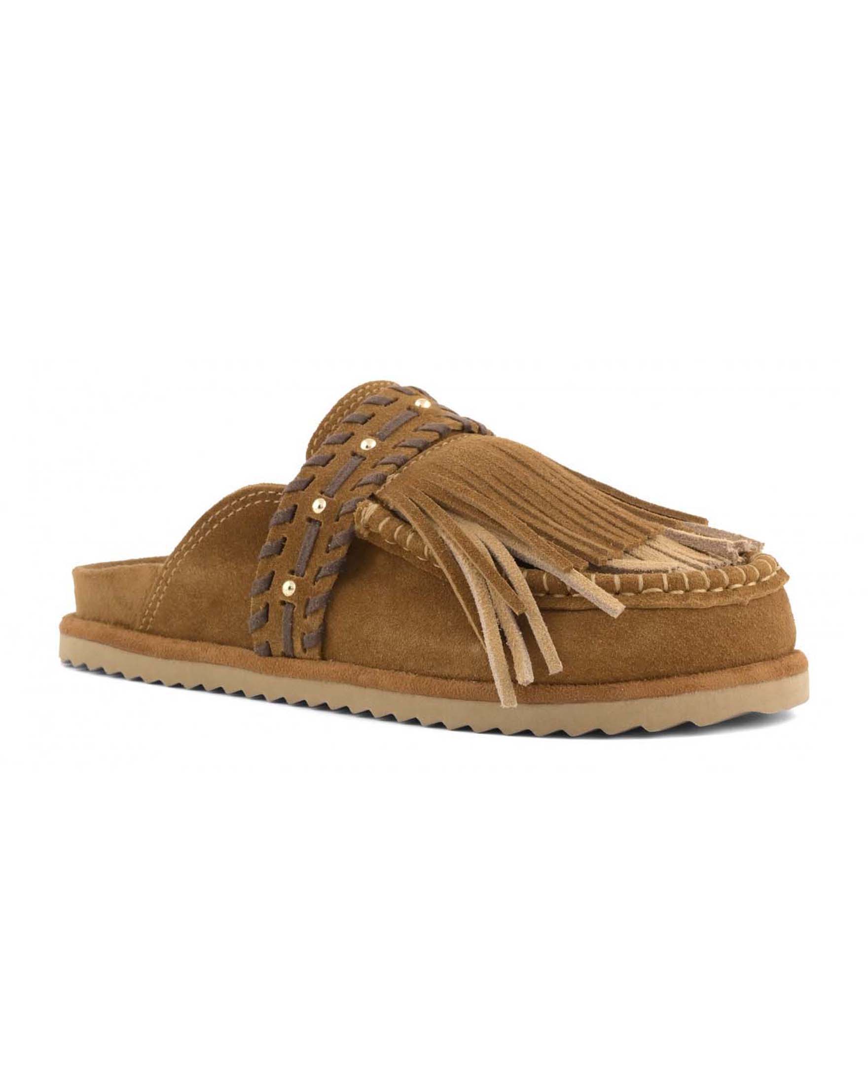 Sabot Colors of California in suede color cuoio con frange e borchie