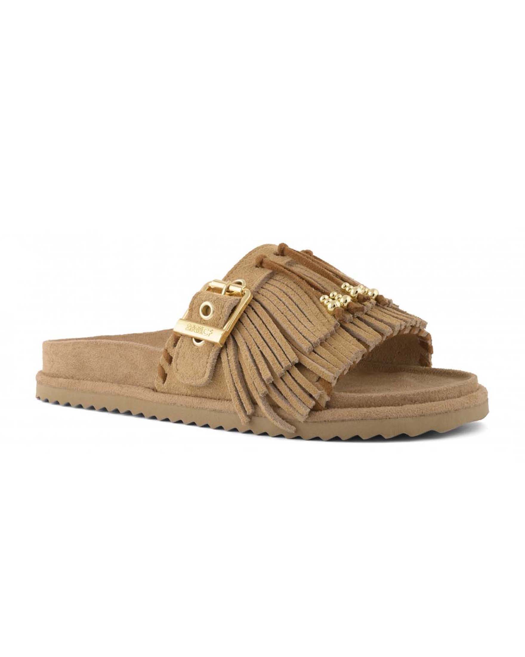 Sandali Colors of California in suede color cammello con frange colorate e fibbia metallica