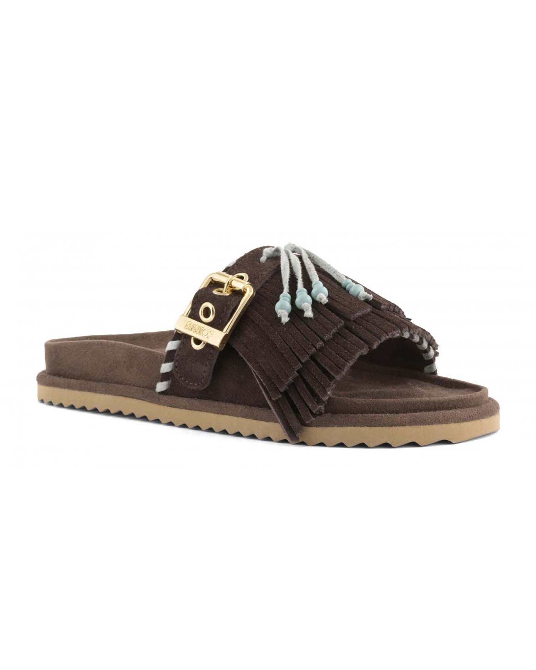 Sandali Colors of California in suede color moro con frange colorate e fibbia metallica