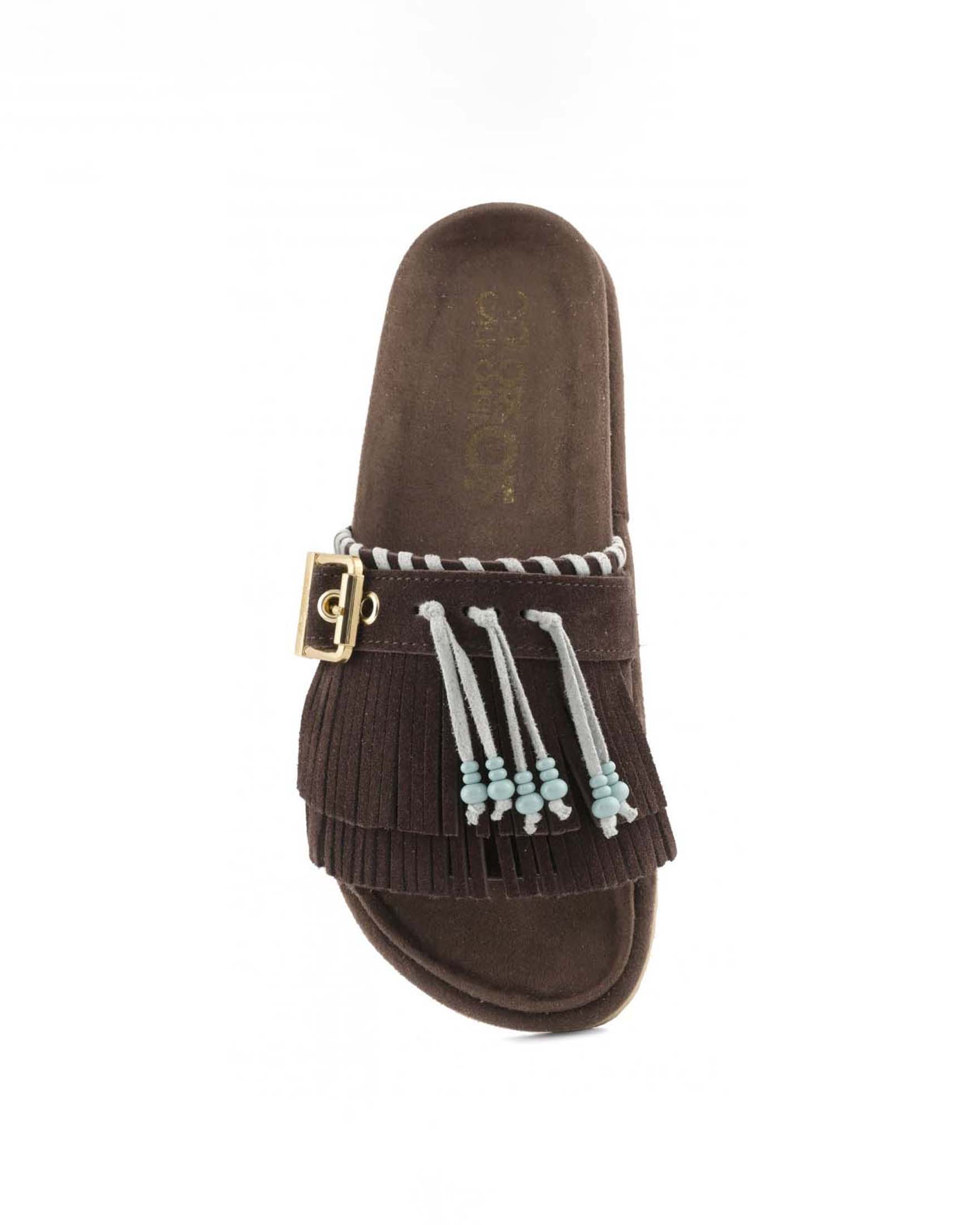 Sandali Colors of California in suede color moro con frange colorate e fibbia metallica image