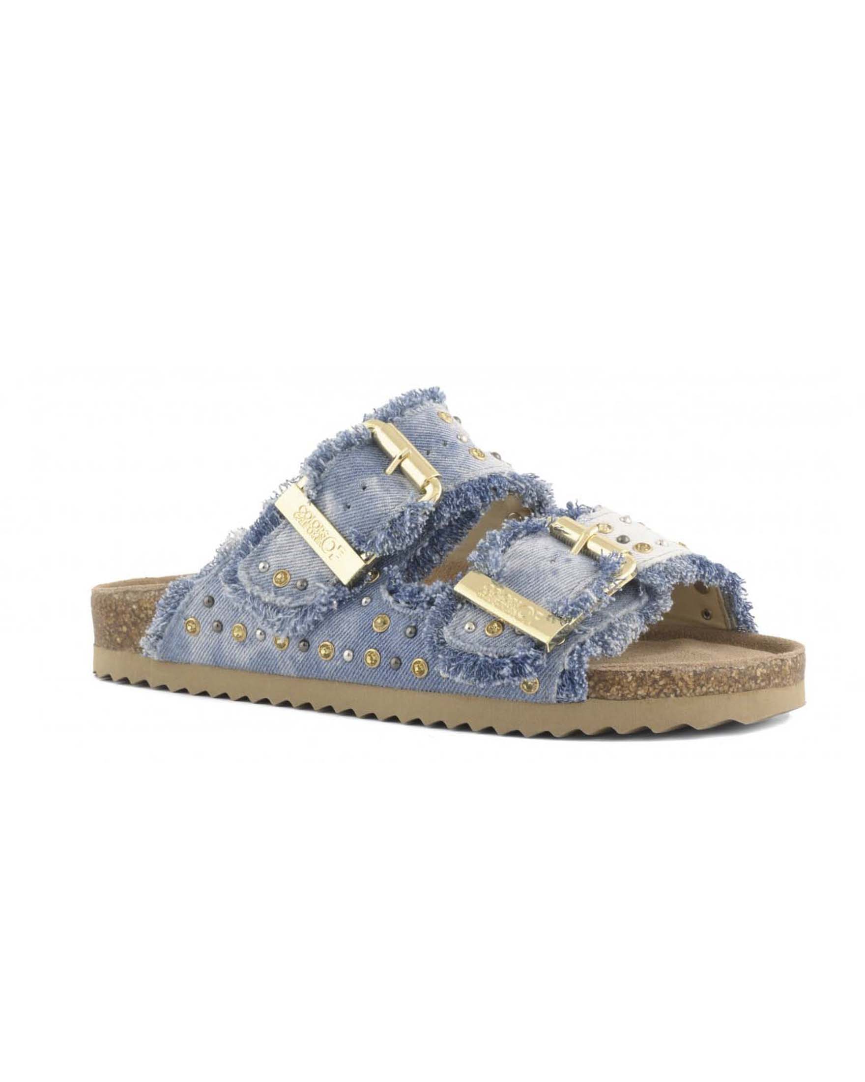 Sandali Colors of California in denim delavè blu a doppia fascia con fibbie e pietre decorative