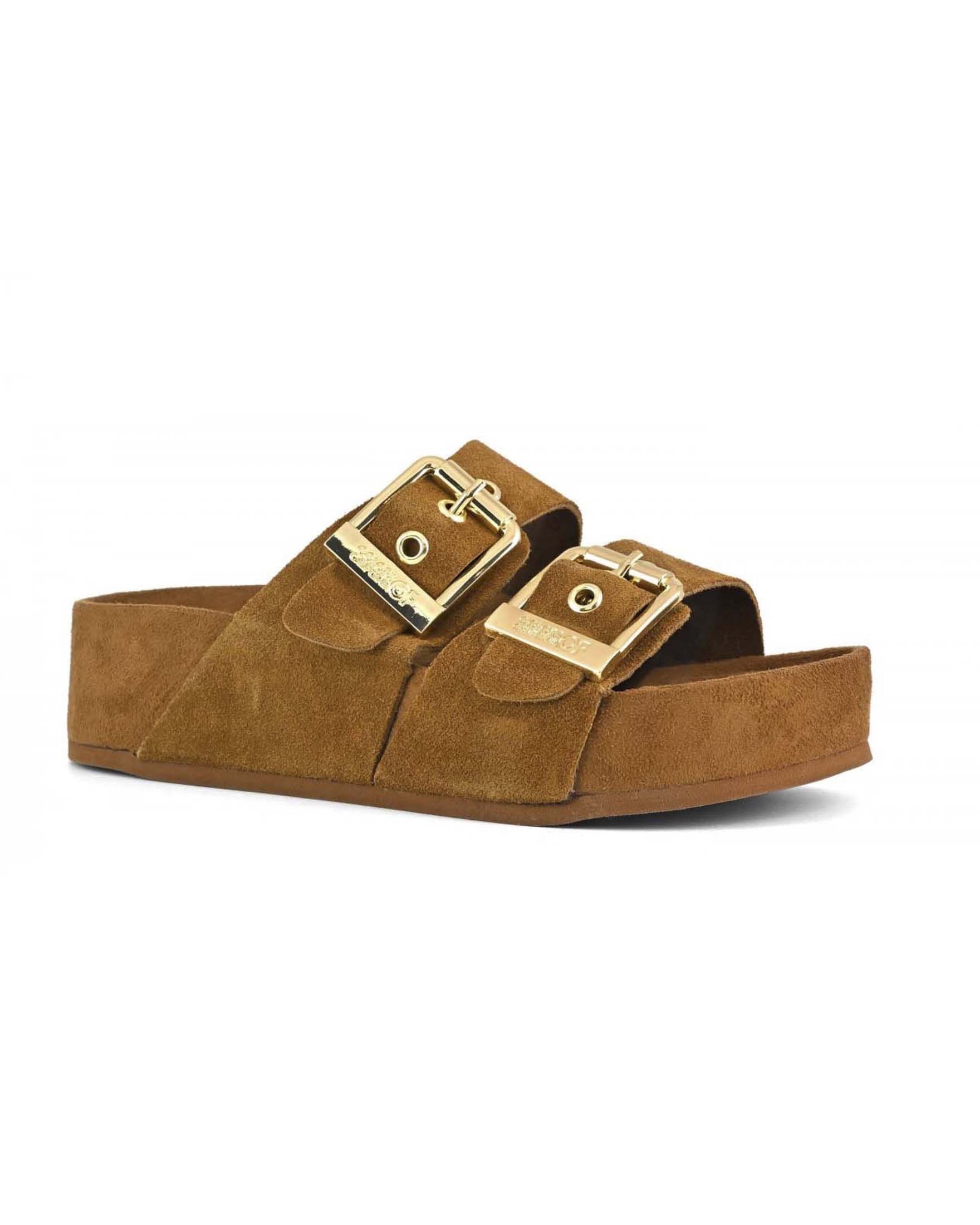 Sandali platform Colors of California in suede color cammello con doppia fascia e fibbie