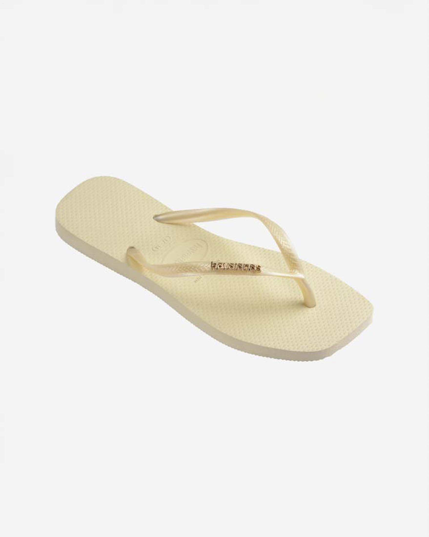 Ciabatte infradito Slim Square Logo metallic burro con punta squadrata e fascette perlate