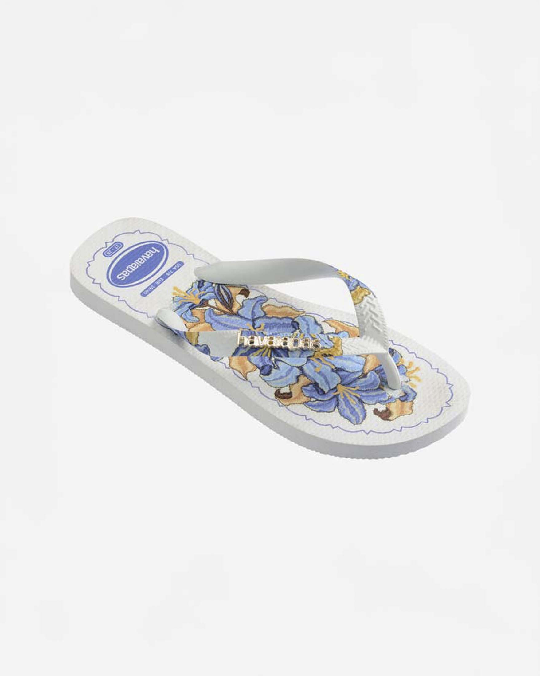 Ciabatte infradito Top Tropicalia Vibes II Havaianas bianche con stampa a fiori azzurra e logo dorato