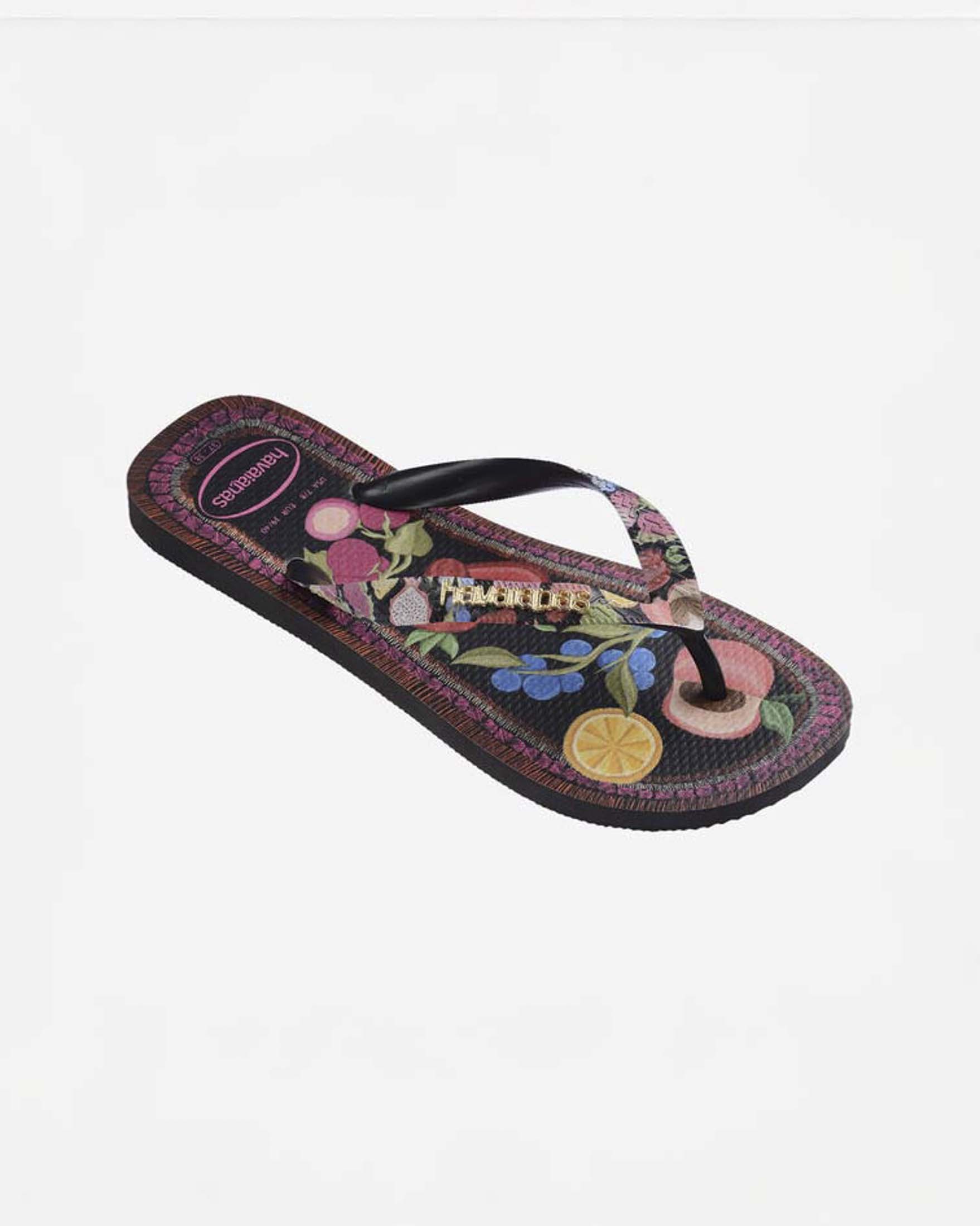 Ciabatte infradito Top Tropicalia Vibes II Havaianas nere con stampa frutta colorata e logo dorato