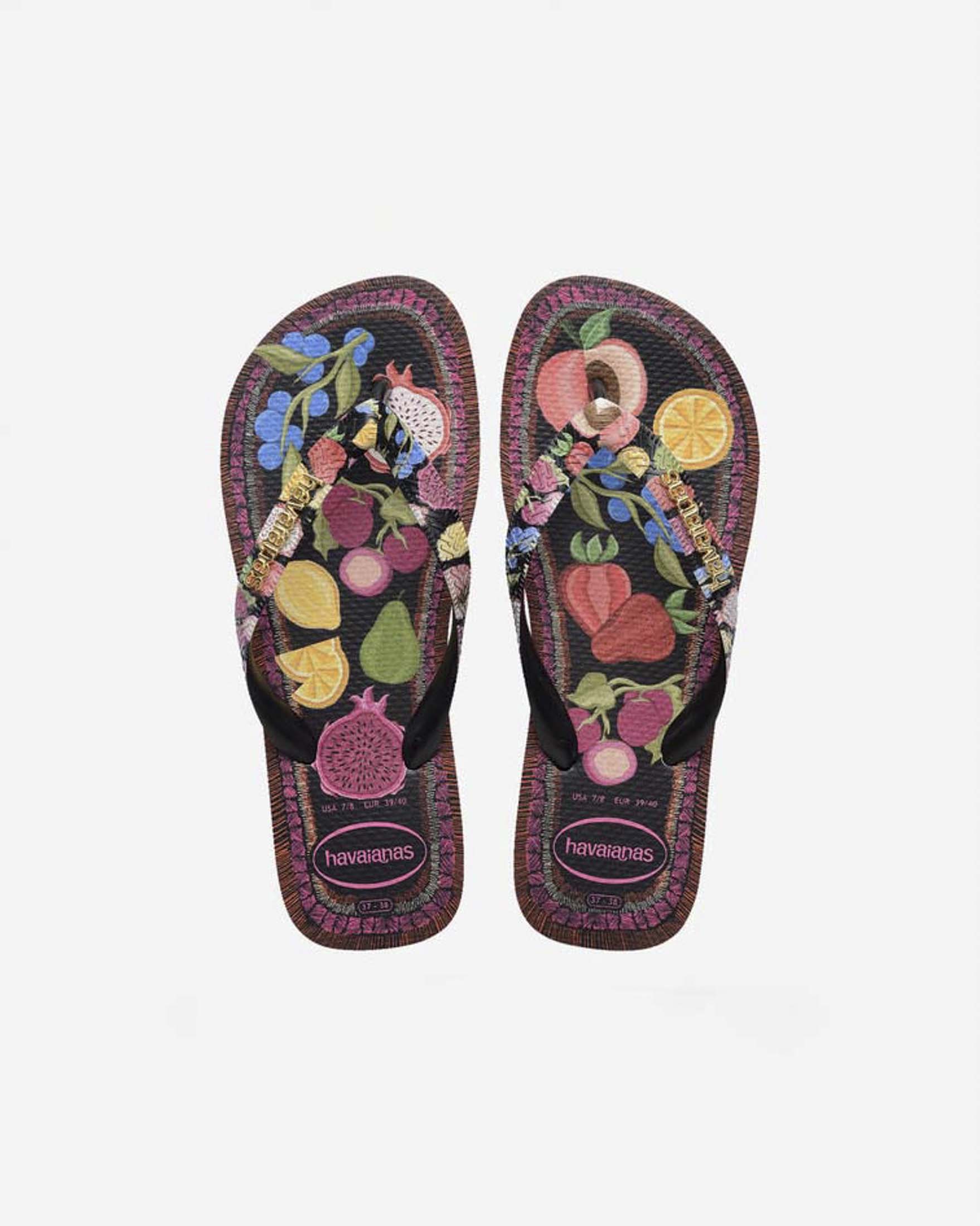Ciabatte infradito Top Tropicalia Vibes II Havaianas nere con stampa frutta colorata e logo dorato image