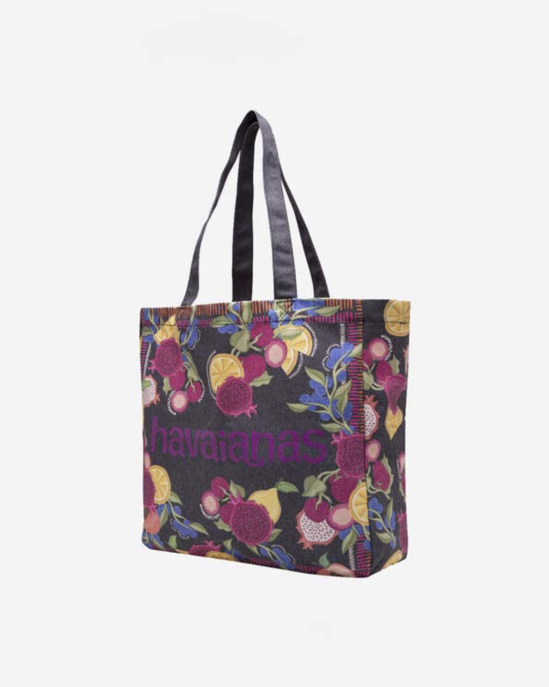 Borsa mare Beach Bag Logo XL Havaianas nera in misto cotone con stampa frutta multicolor