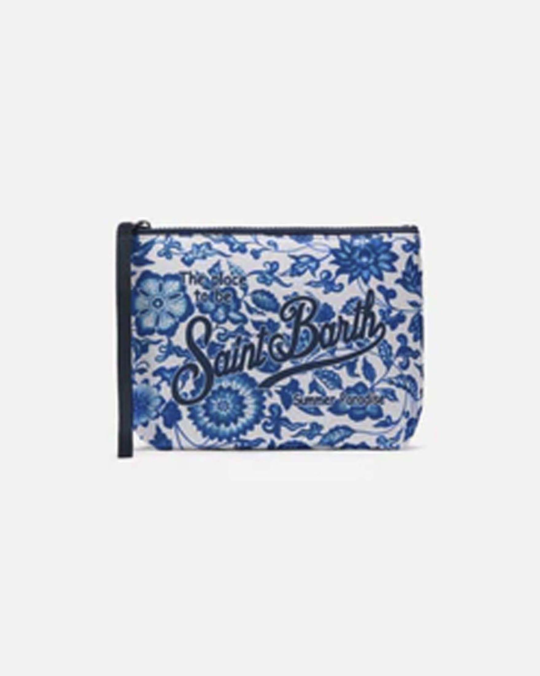 Pochette Aline bianca in neoprene con fantasia floreale blu