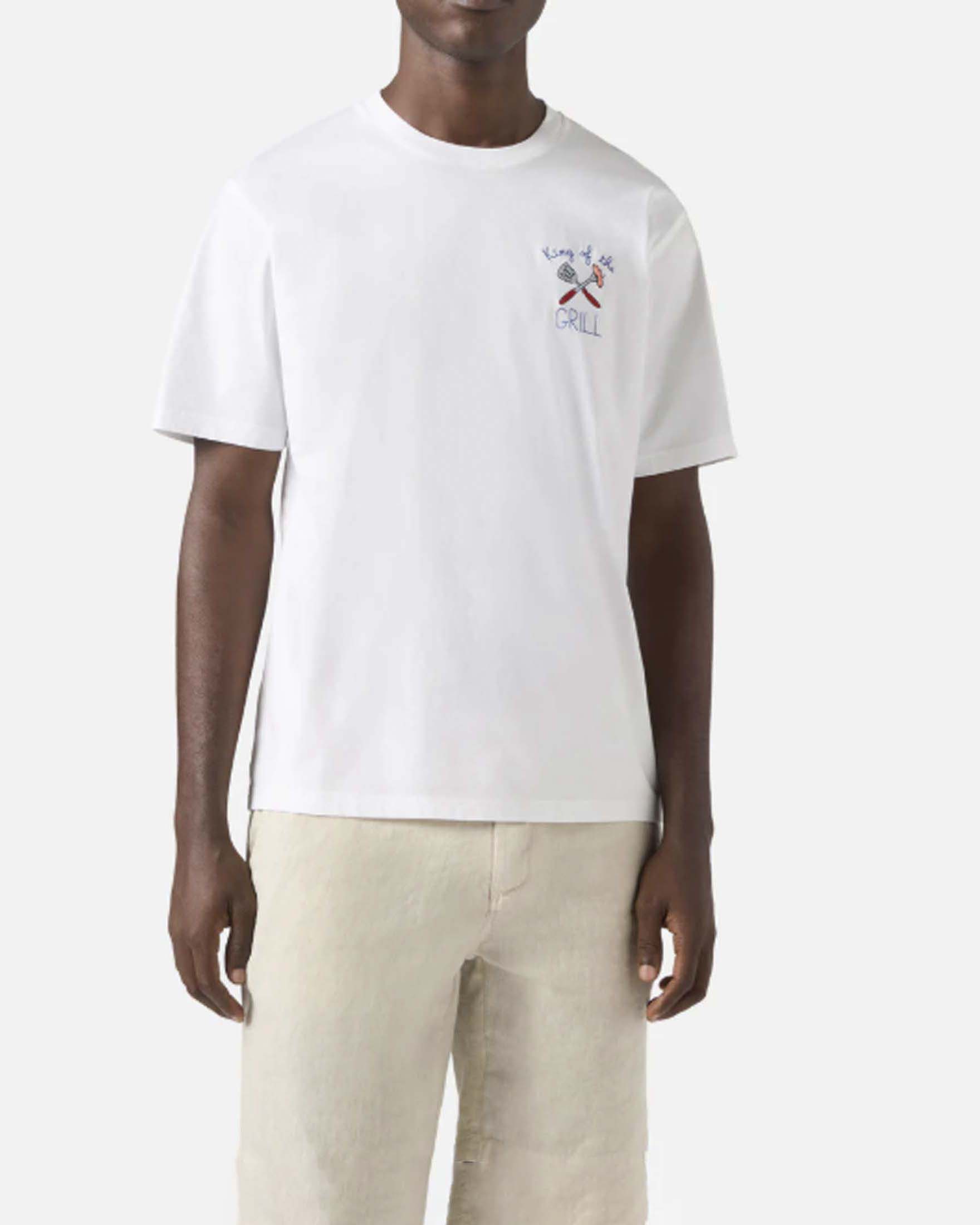 T-shirt bianca mezza manica con ricamo BBQ King sul petto