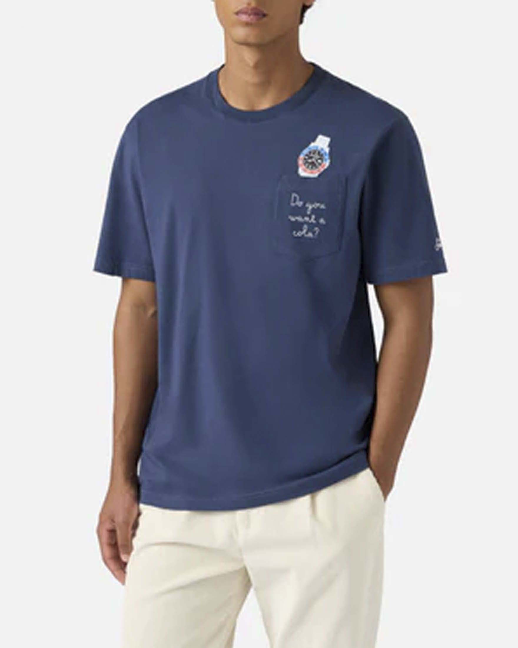 T-shirt MC2 Saint Barth blu mezza manica con taschino e ricamo Do You Want a Cola sul petto