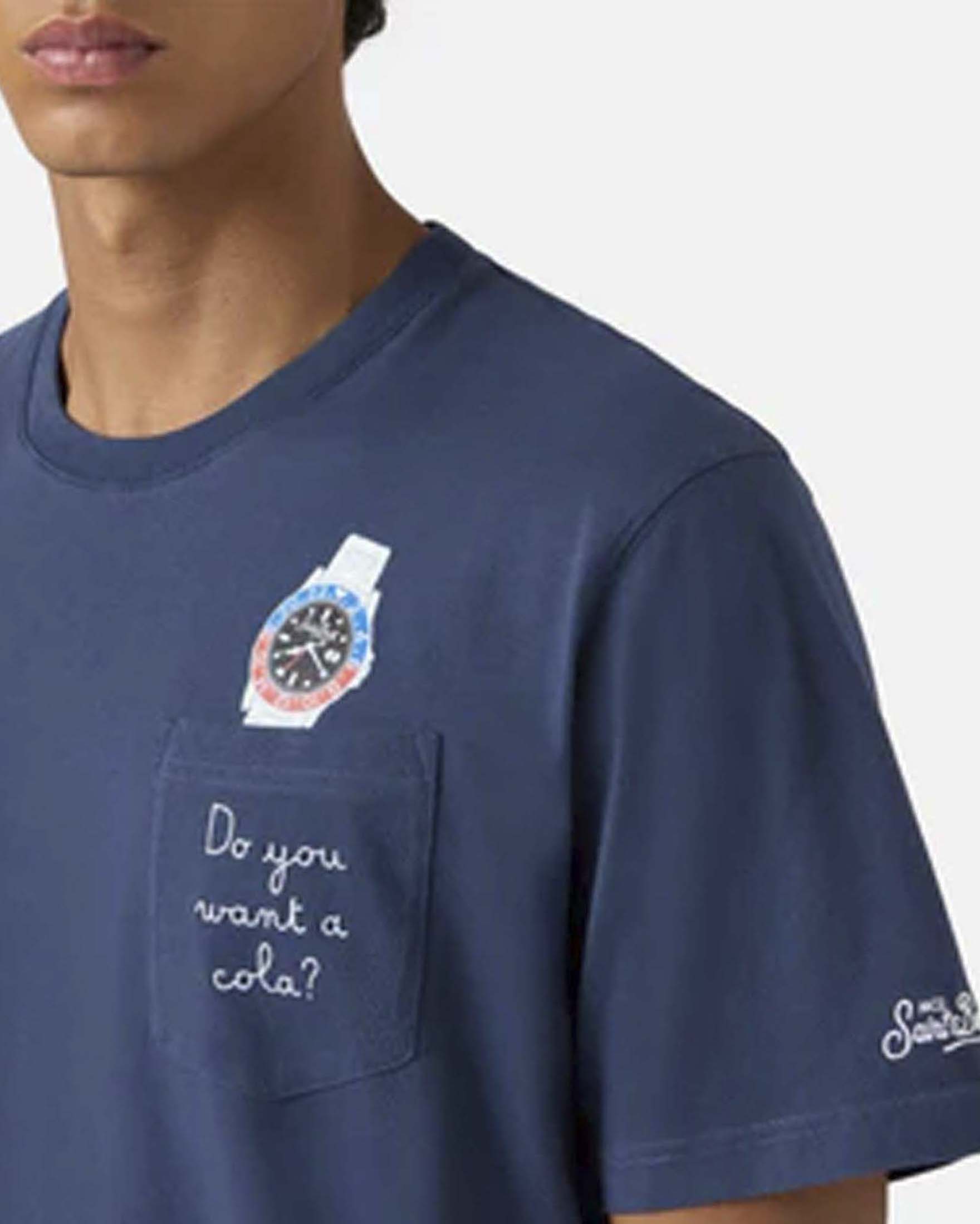 T-shirt MC2 Saint Barth blu mezza manica con taschino e ricamo Do You Want a Cola sul petto image