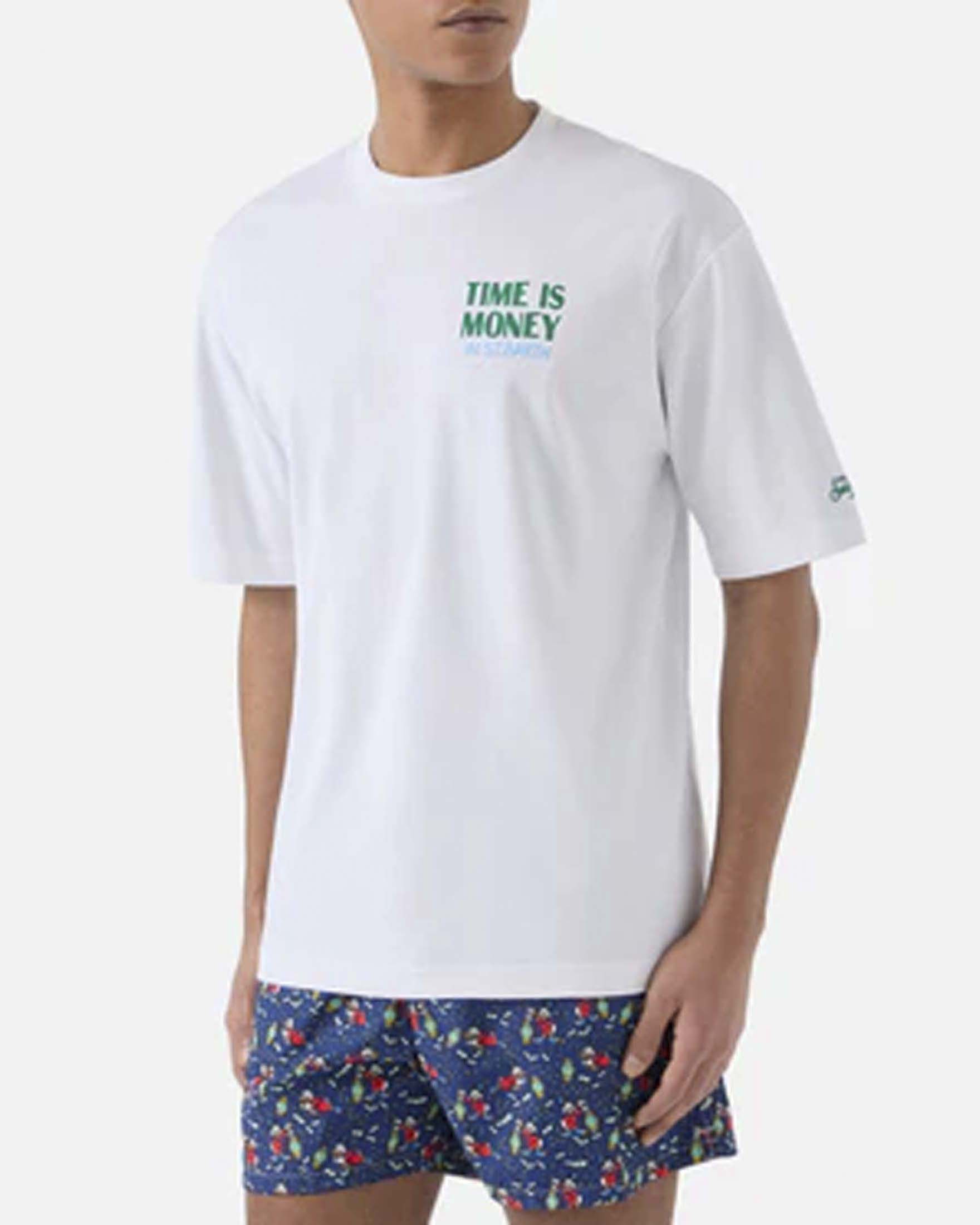 T-shirt bianca mezza manica con maxi stampa Time is Money sul retro